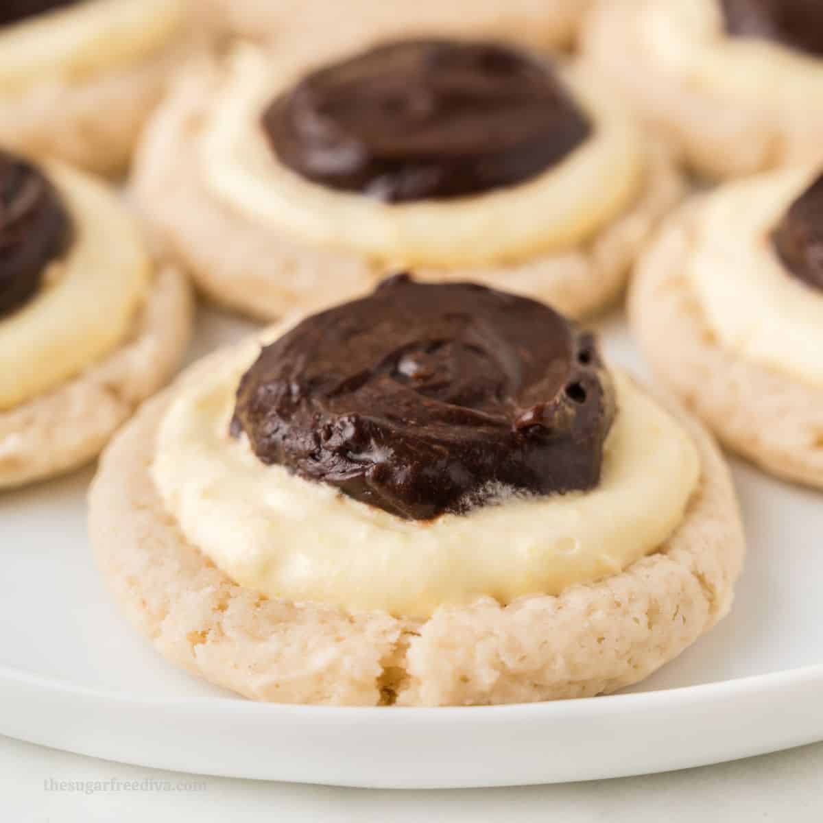 Sugar Free Boston Cream Cookies, a delicious no added sugar recipe for a soft cookie base topped with Vanilla Cream and Chocolate.
