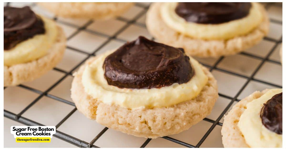 Sugar Free Boston Cream Cookies, a delicious no added sugar recipe for a soft cookie base topped with Vanilla Cream and Chocolate. Sugar Free Boston Cream Cookies, a delicious no added sugar recipe for a soft cookie base topped with Vanilla Cream and Chocolate.