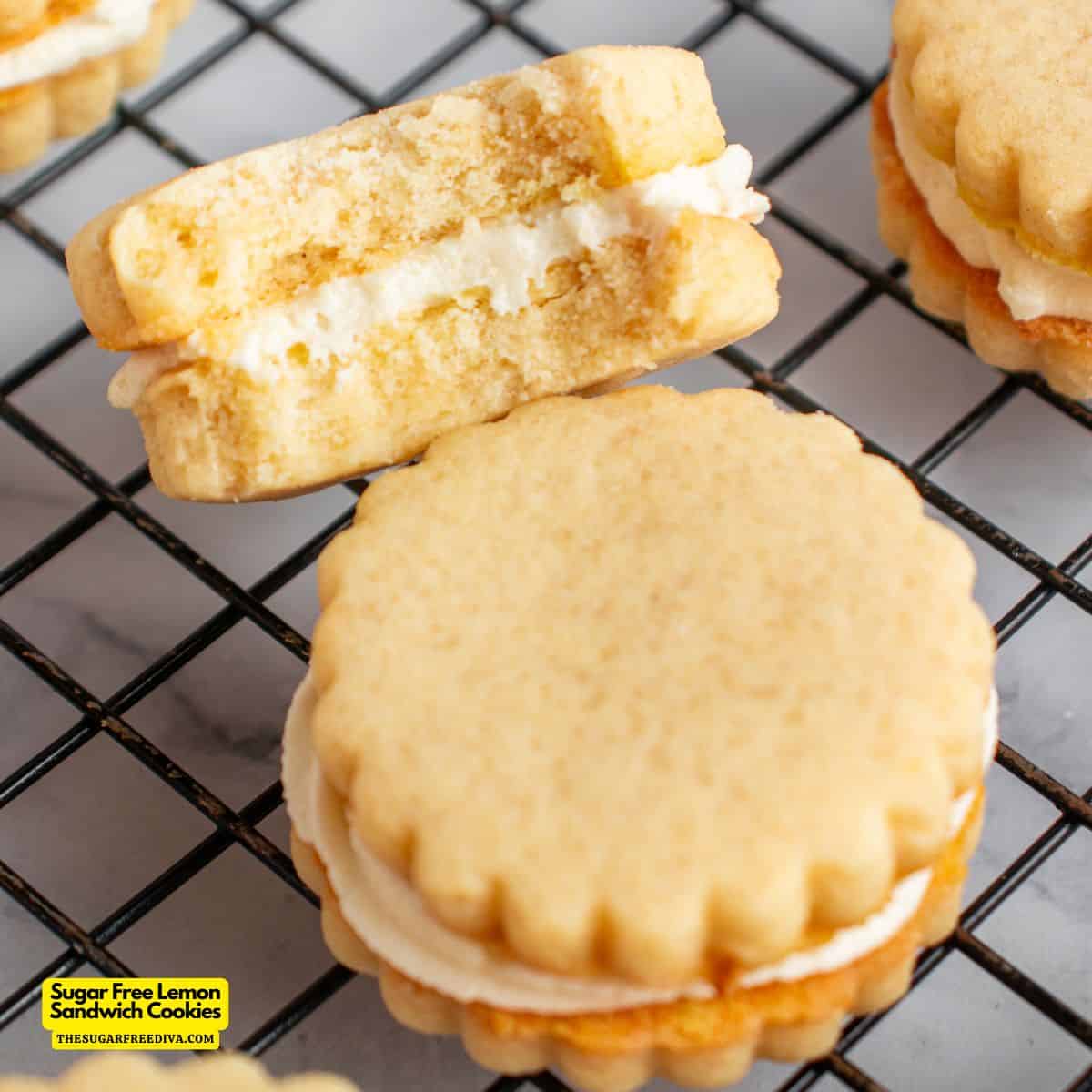 Sugar Free Lemon Sandwich Cookies, a delicious no added sugar dessert recipe featuring a creamy filling between two buttery lemon cookies.