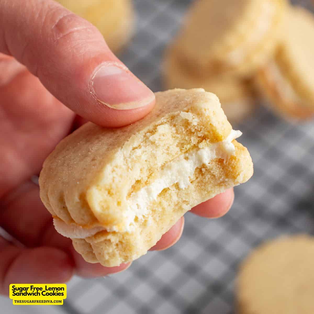 Sugar Free Lemon Sandwich Cookies, a delicious no added sugar dessert recipe featuring a creamy filling between two buttery lemon cookies.