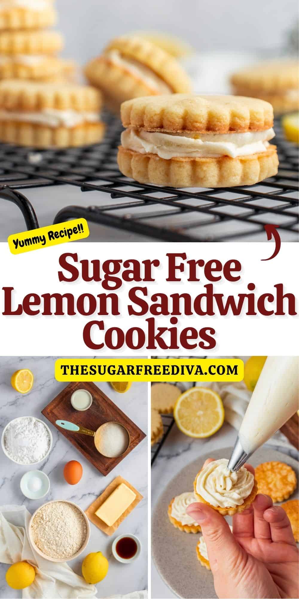 Sugar Free Lemon Sandwich Cookies, a delicious no added sugar dessert recipe featuring a creamy filling between two buttery lemon cookies.