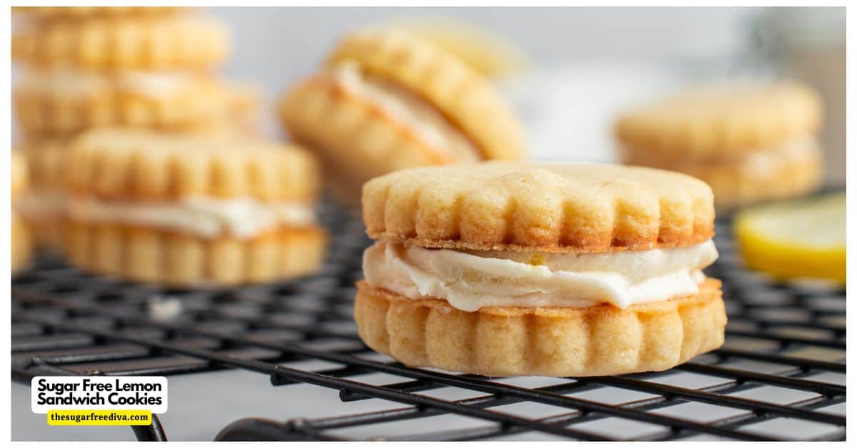 Sugar Free Lemon Sandwich Cookies, a delicious no added sugar dessert recipe featuring a creamy filling between two buttery lemon cookies.