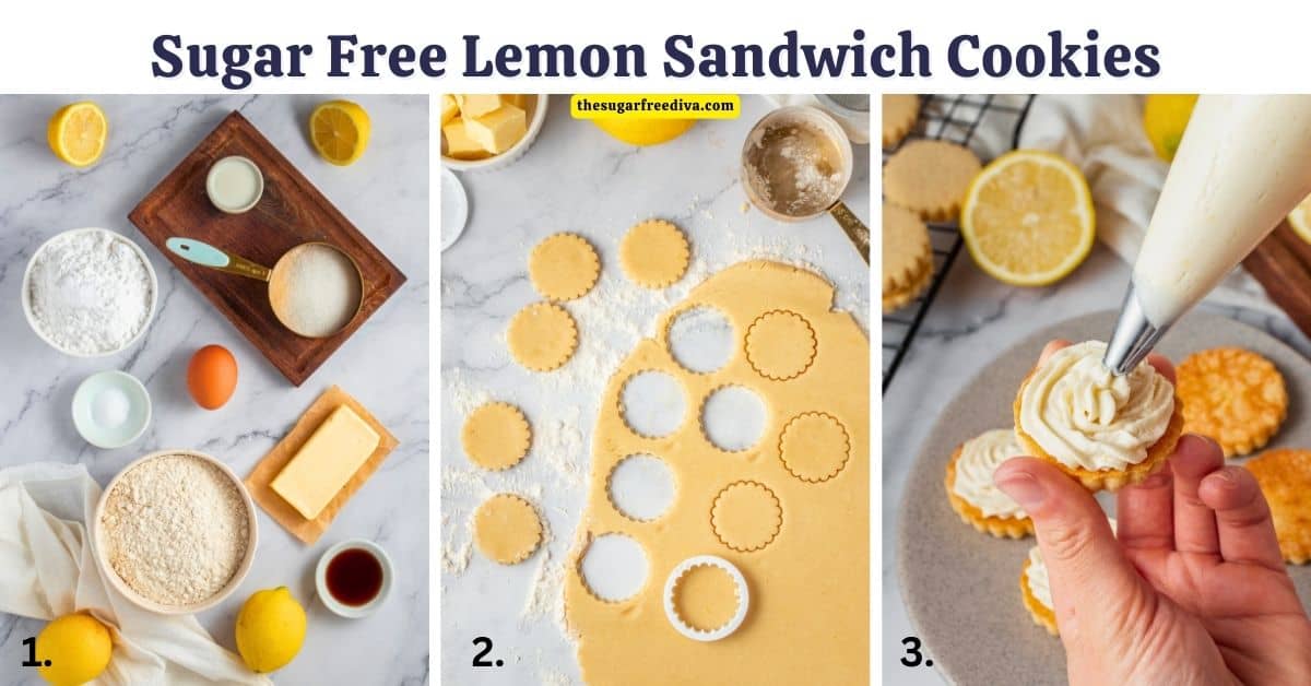Sugar Free Lemon Sandwich Cookies, a delicious no added sugar dessert recipe featuring a creamy filling between two buttery lemon cookies.