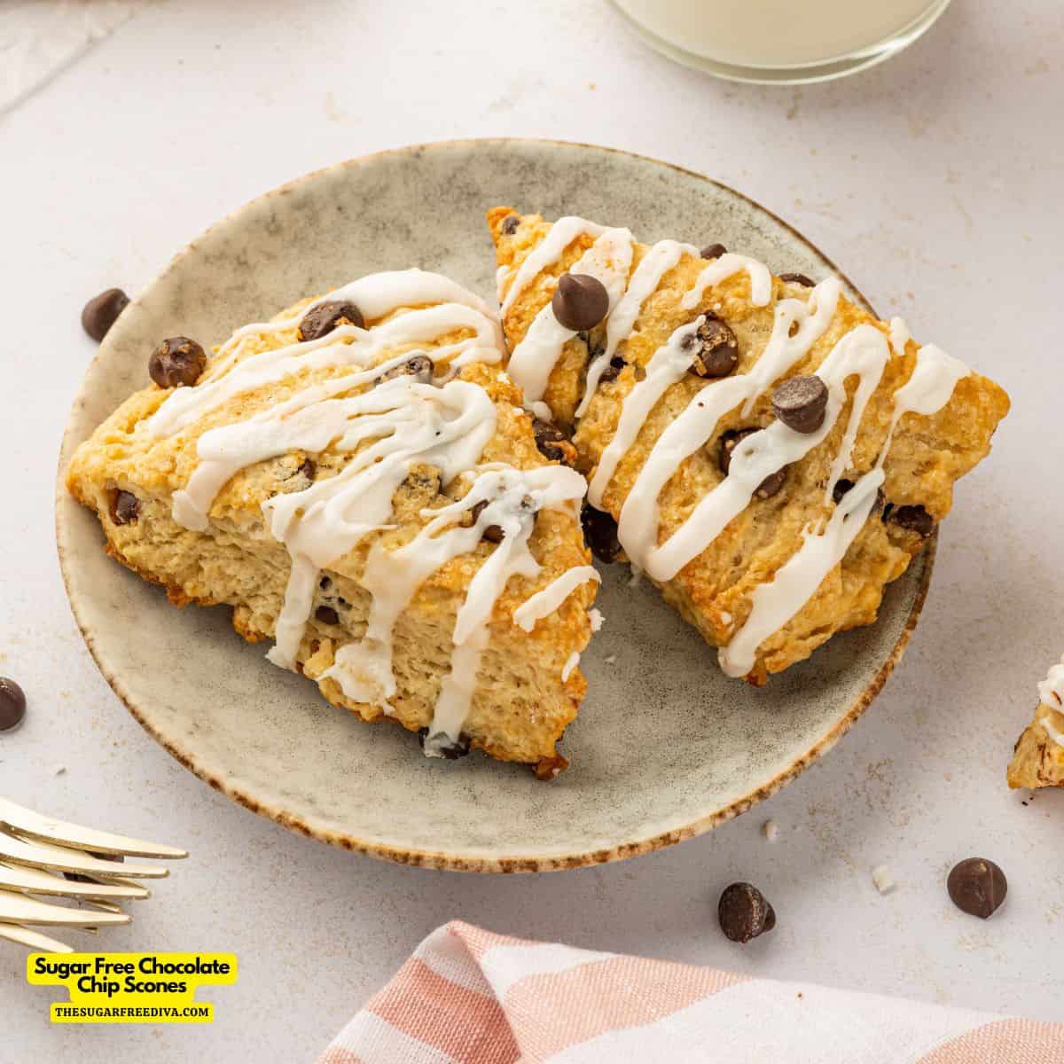 Sugar Free Chocolate Chip Scones, a delicious no added sugar recipe for a buttery flaky bakery style treat topped with a glaze.