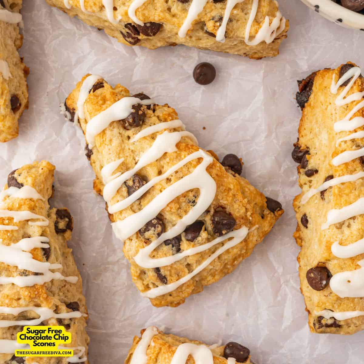 Sugar Free Chocolate Chip Scones, a delicious no added sugar recipe for a buttery flaky bakery style treat topped with a glaze.