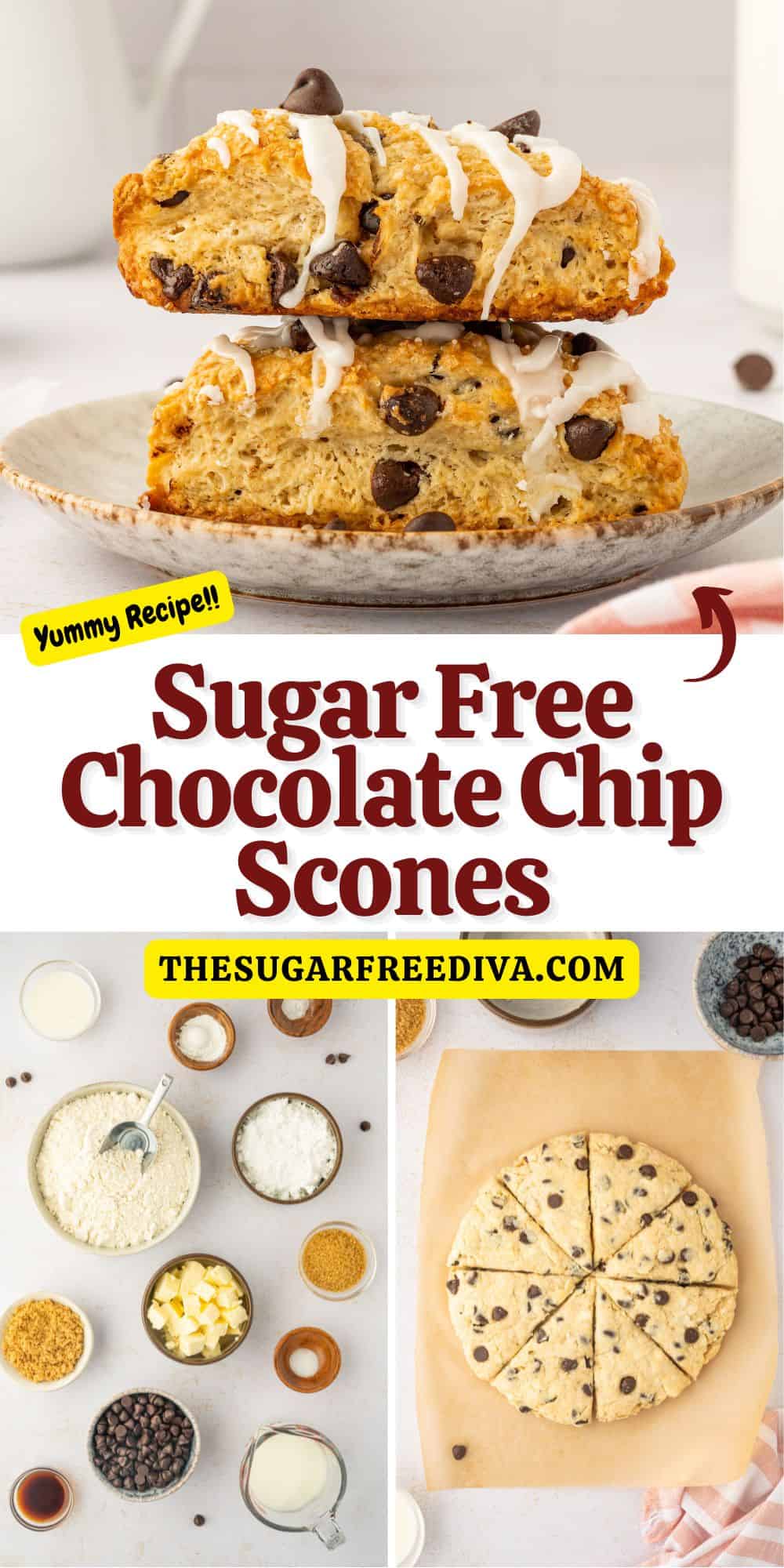 Sugar Free Chocolate Chip Scones, a delicious no added sugar recipe for a buttery flaky bakery style treat topped with a glaze.