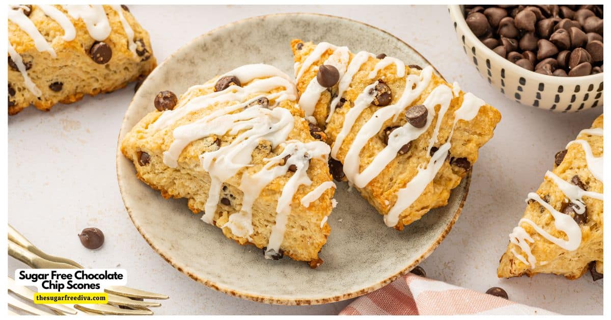 Sugar Free Chocolate Chip Scones, a delicious no added sugar recipe for a buttery flaky bakery style treat topped with a glaze. Sugar Free Chocolate Chip Scones, a delicious no added sugar recipe for a buttery flaky bakery style treat topped with a glaze.