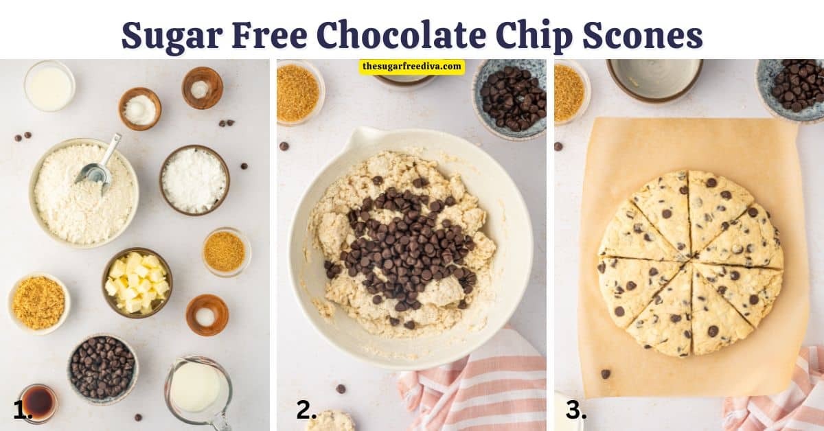 Sugar Free Chocolate Chip Scones, a delicious no added sugar recipe for a buttery flaky bakery style treat topped with a glaze.