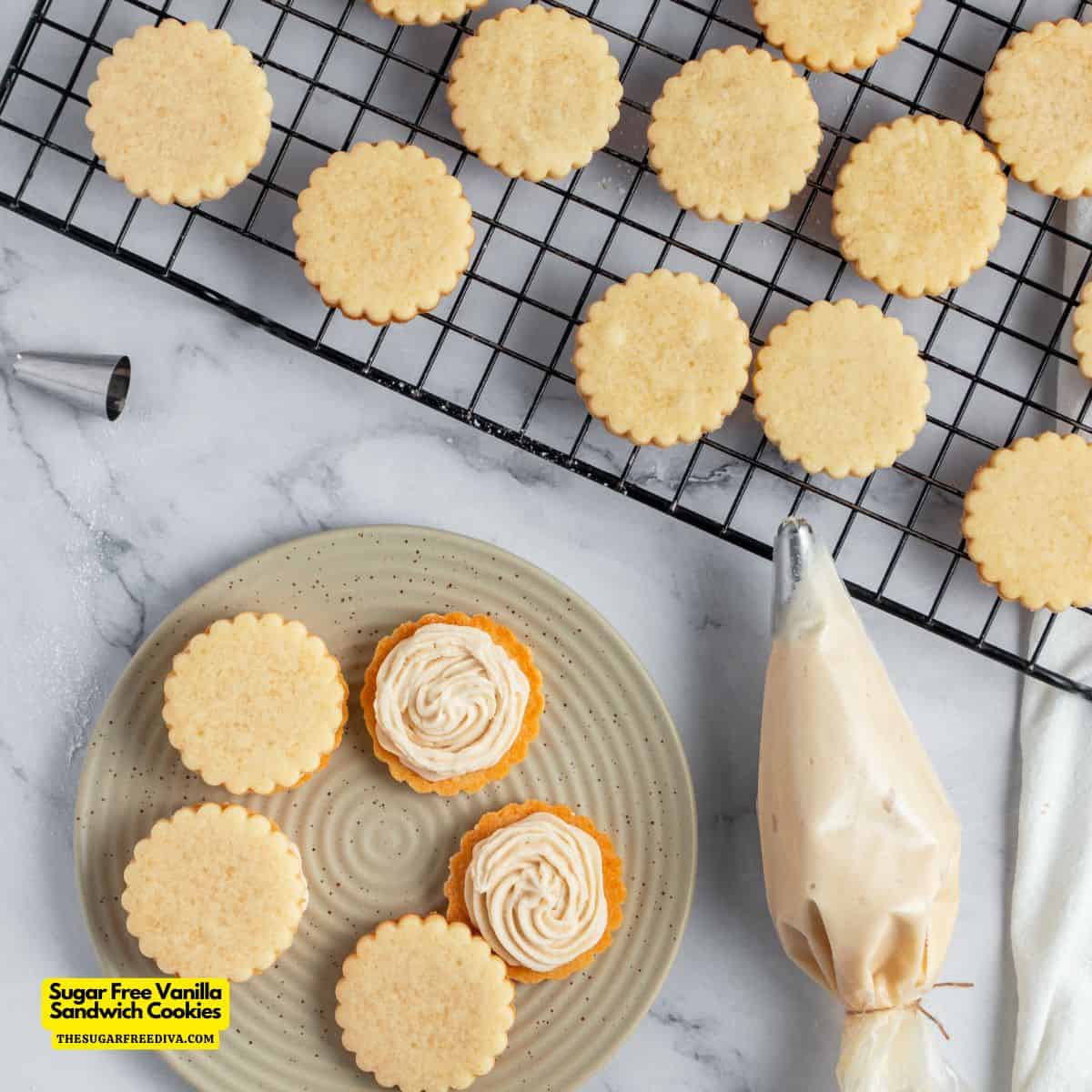Sugar Free Vanilla Sandwich Cookies, a delicious no added sugar cookie recipe featuring a creamy filling between two buttery cookies