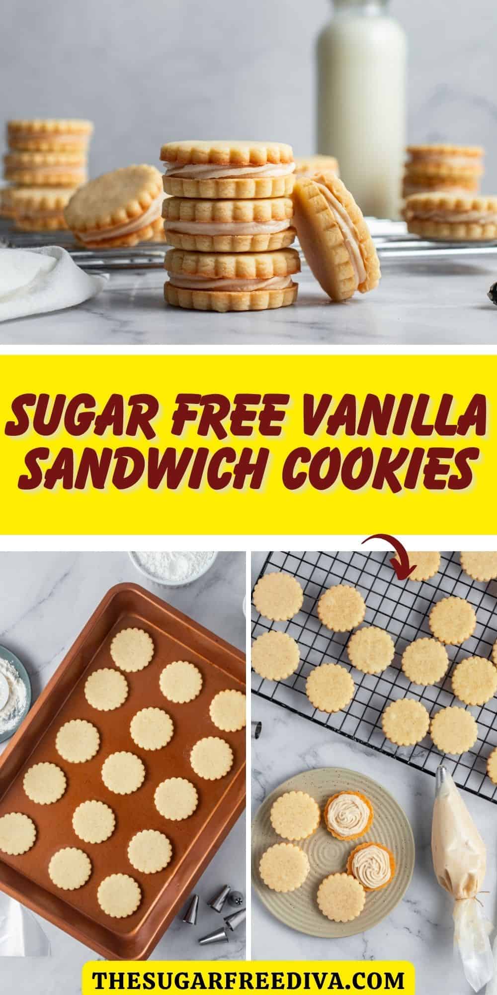 Sugar Free Vanilla Sandwich Cookies, a delicious no added sugar cookie recipe featuring a creamy filling between two buttery cookies