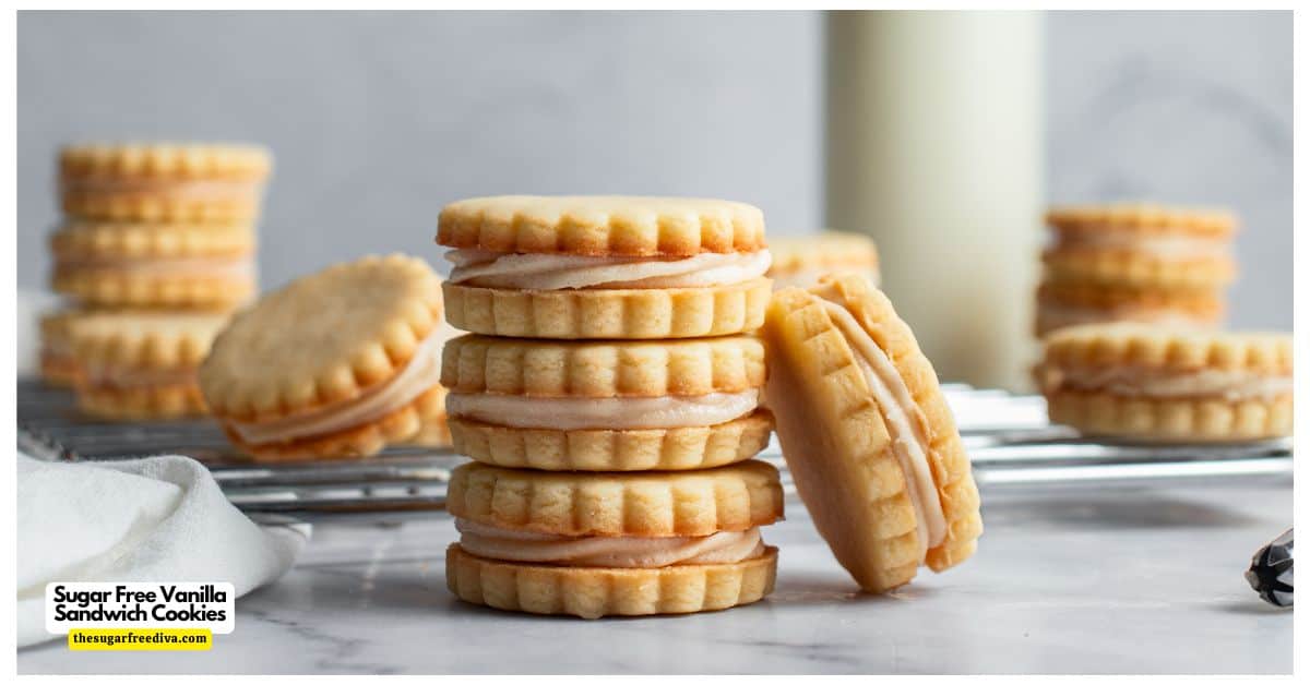 Sugar Free Vanilla Sandwich Cookies, a delicious no added sugar cookie recipe featuring a creamy filling between two buttery cookies