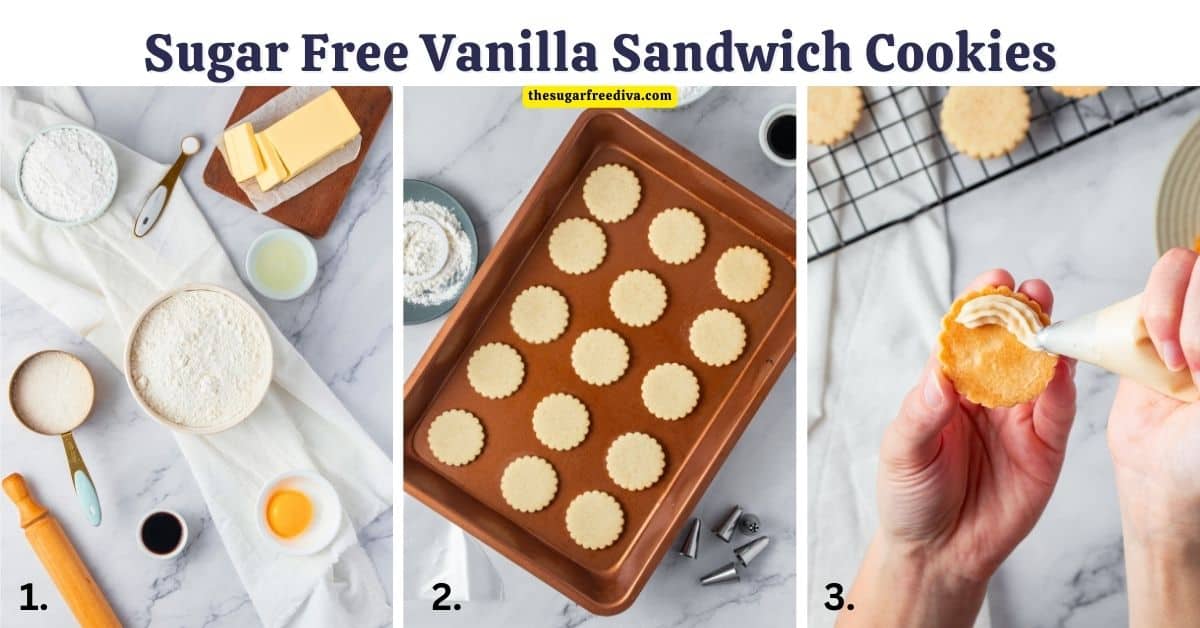 Sugar Free Vanilla Sandwich Cookies, a delicious no added sugar cookie recipe featuring a creamy filling between two buttery cookies