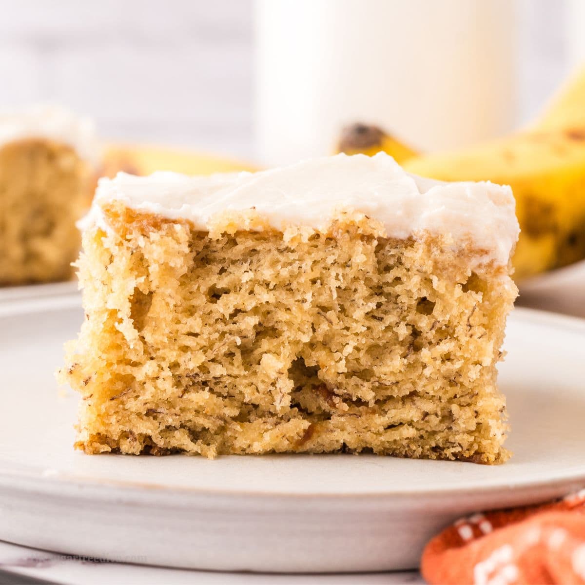 Sugar Free Frosted Banana Cake, a delicious no added sugar dessert for a moist sheet cake topped with a buttery frosting.