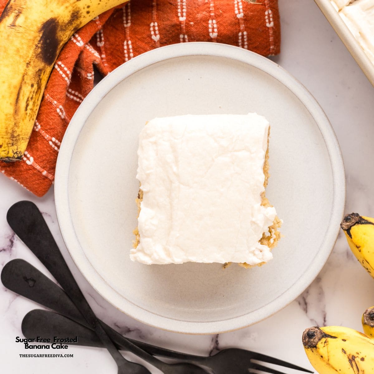 Sugar Free Frosted Banana Cake, a delicious no added sugar dessert for a moist sheet cake topped with a buttery frosting.