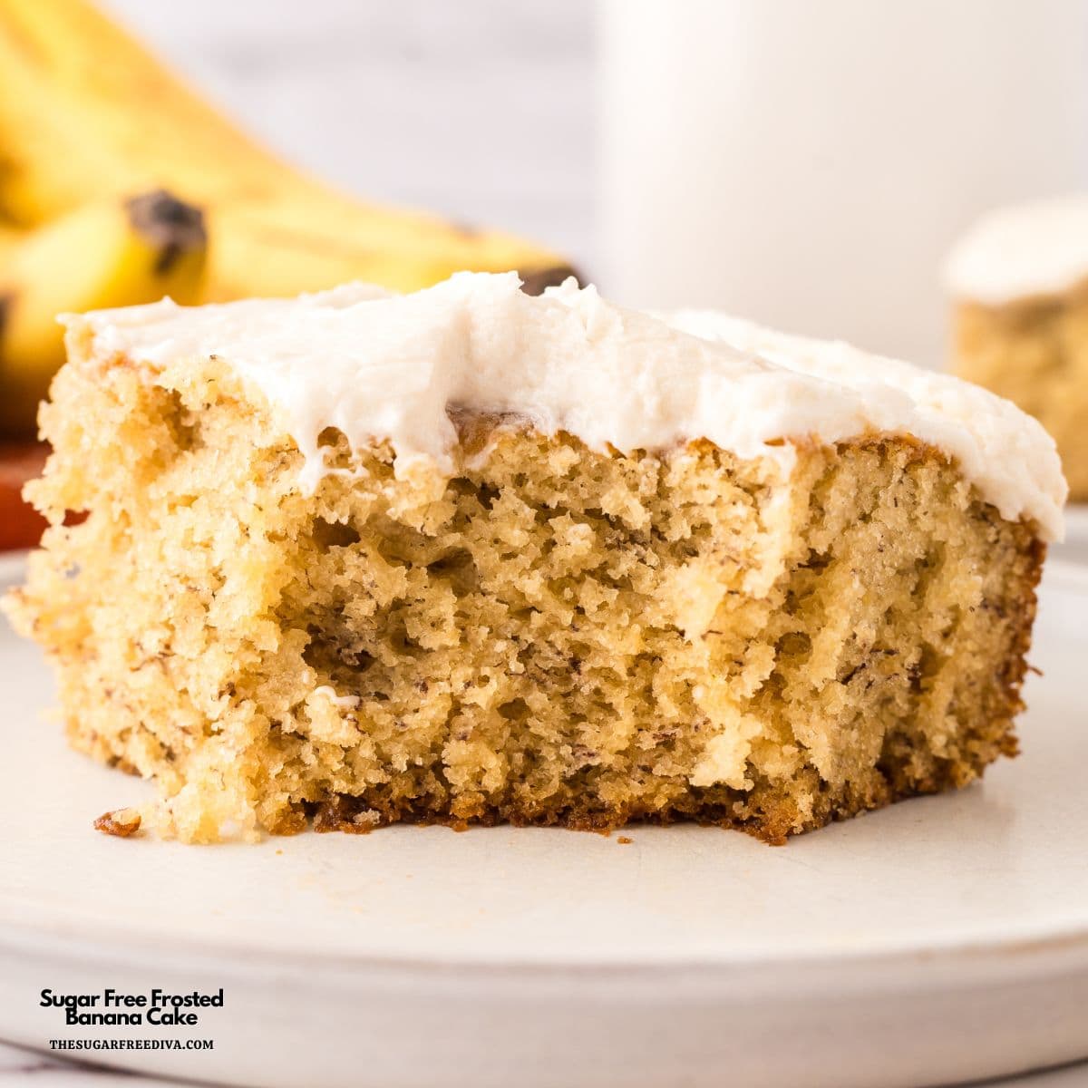 Sugar Free Frosted Banana Cake, a delicious no added sugar dessert for a moist sheet cake topped with a buttery frosting.