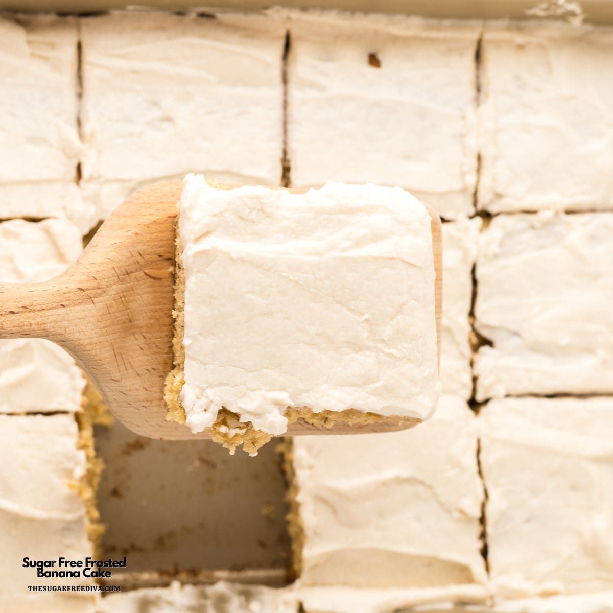 Sugar Free Frosted Banana Cake, a delicious no added sugar dessert for a moist sheet cake topped with a buttery frosting.