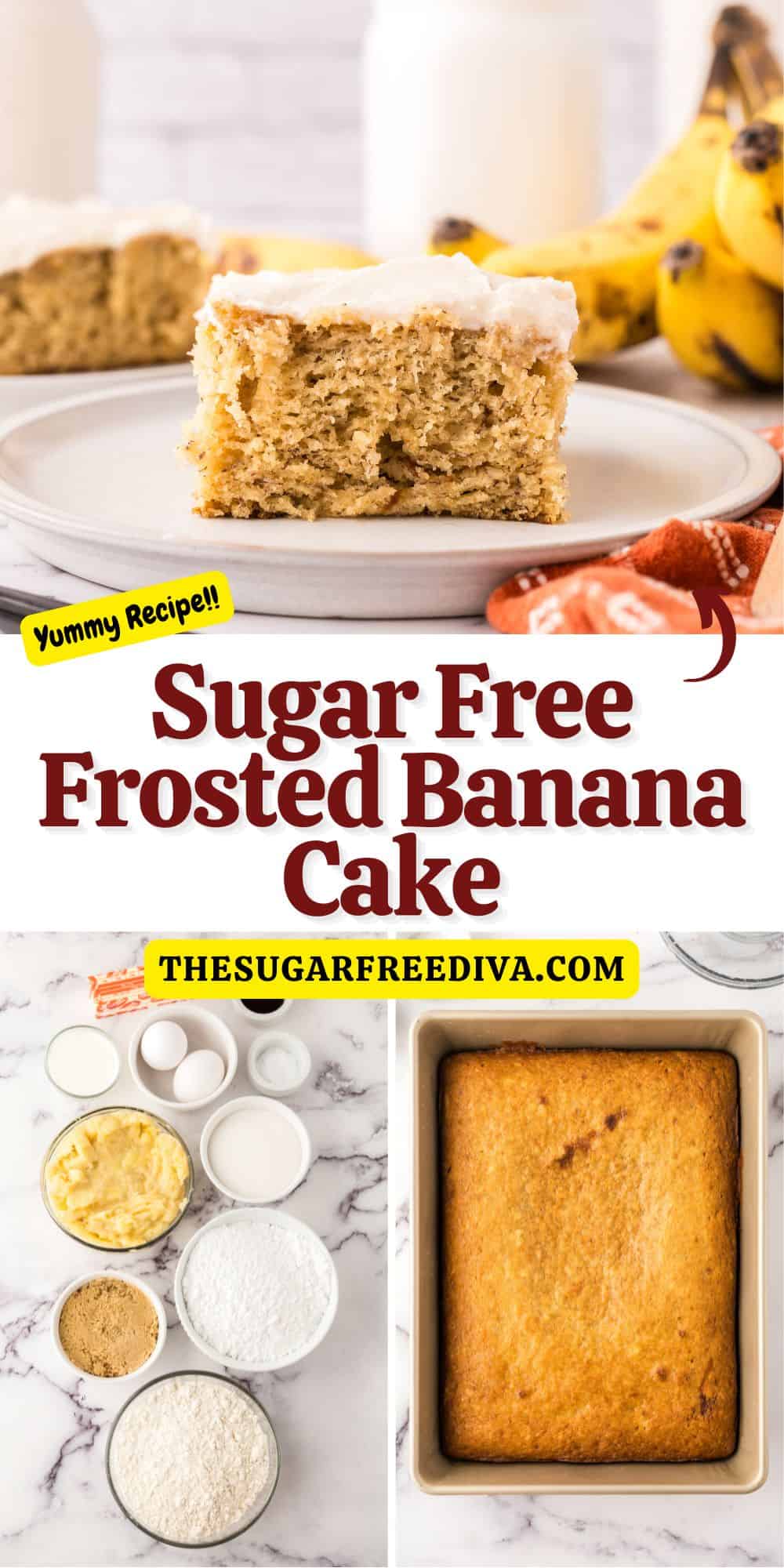 Sugar Free Frosted Banana Cake, a delicious no added sugar dessert for a moist sheet cake topped with a buttery frosting.