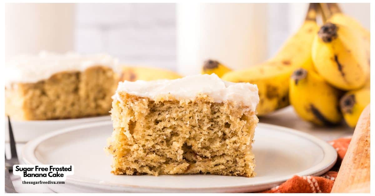 Sugar Free Frosted Banana Cake, a delicious no added sugar dessert for a moist sheet cake topped with a buttery frosting. Sugar Free Frosted Banana Cake, a delicious no added sugar dessert for a moist sheet cake topped with a buttery frosting.