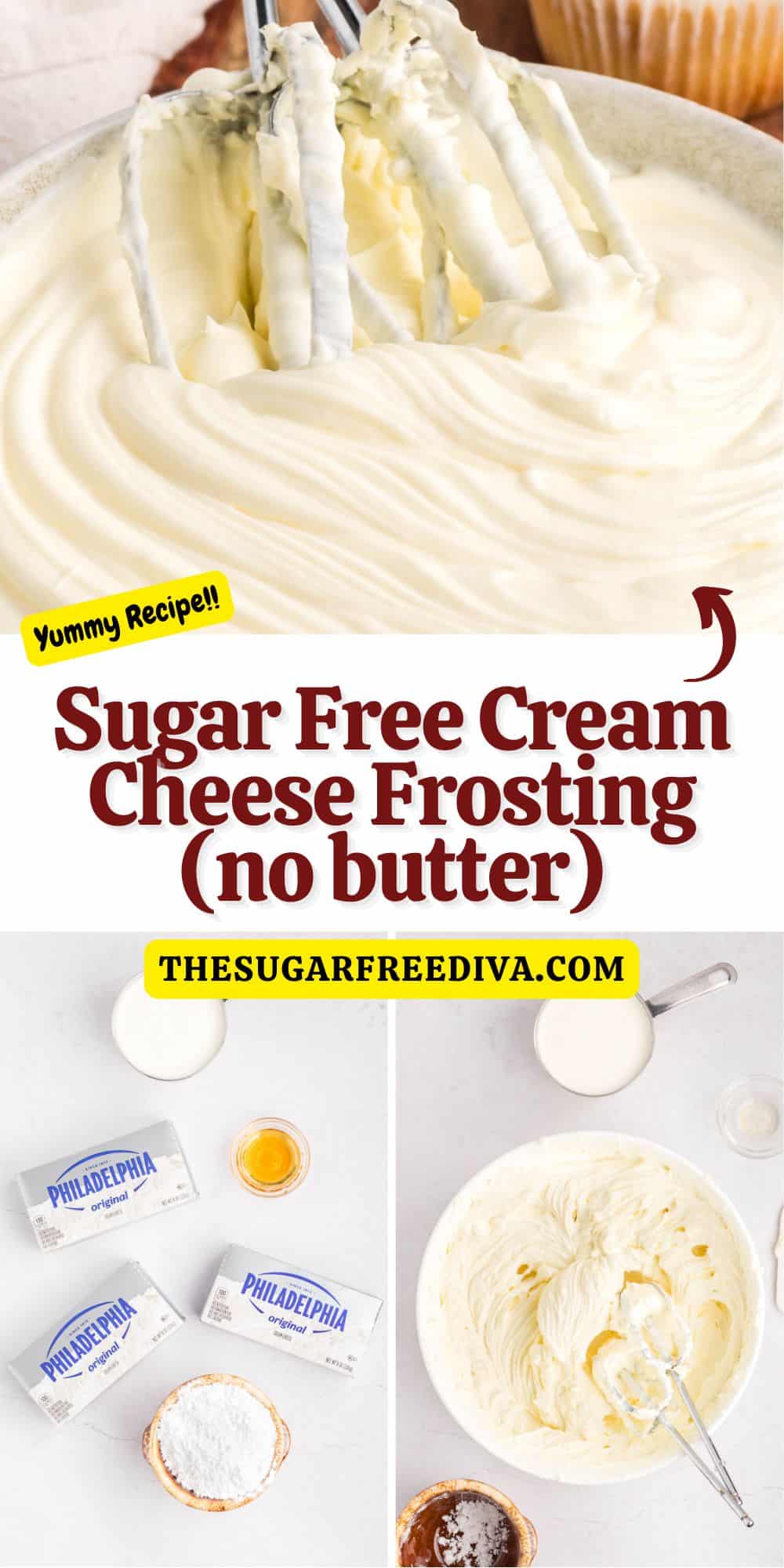 Sugar Free Cream Cheese Frosting  (no butter), a simple and delicious no added sugar frosting recipe made with just four ingredients.