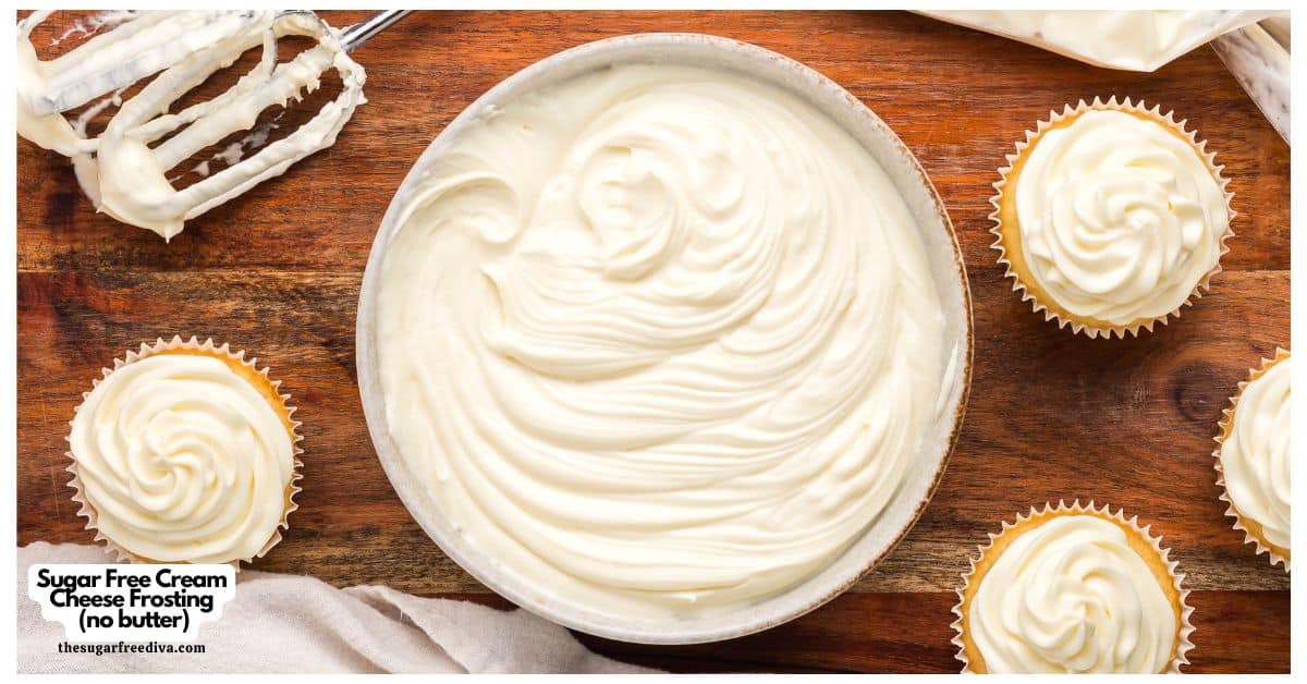 Sugar Free Cream Cheese Frosting (no butter), a simple and delicious no added sugar frosting recipe made with just four ingredients. Sugar Free Cream Cheese Frosting (no butter), a simple and delicious no added sugar frosting recipe made with just four ingredients.