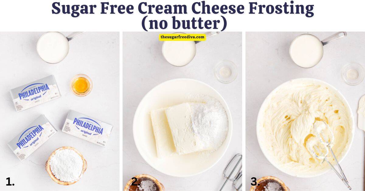 Sugar Free Cream Cheese Frosting  (no butter), a simple and delicious no added sugar frosting recipe made with just four ingredients.