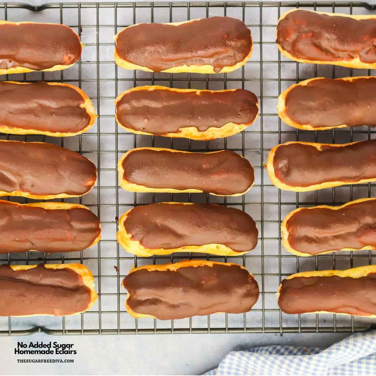 No Added Sugar Homemade Eclairs, a simple sugar free recipe featuring Choux Pastry filled with creamy vanilla filling & topped with ganache.