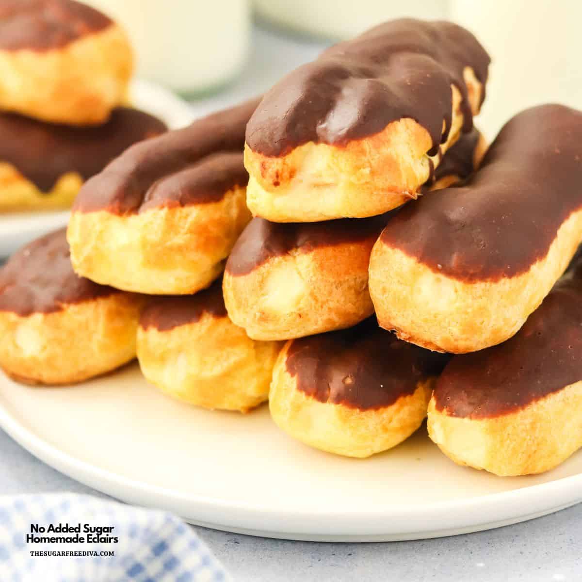No Added Sugar Homemade Eclairs, a simple sugar free recipe featuring Choux Pastry filled with creamy vanilla filling & topped with ganache.