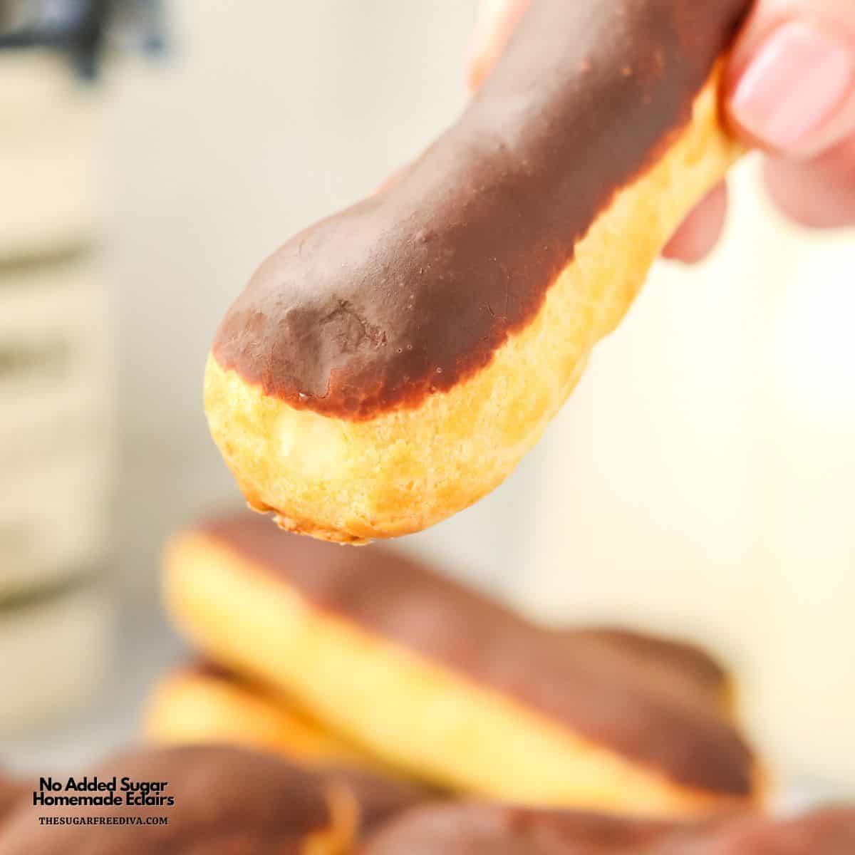 No Added Sugar Homemade Eclairs, a simple sugar free recipe featuring Choux Pastry filled with creamy vanilla filling & topped with ganache.