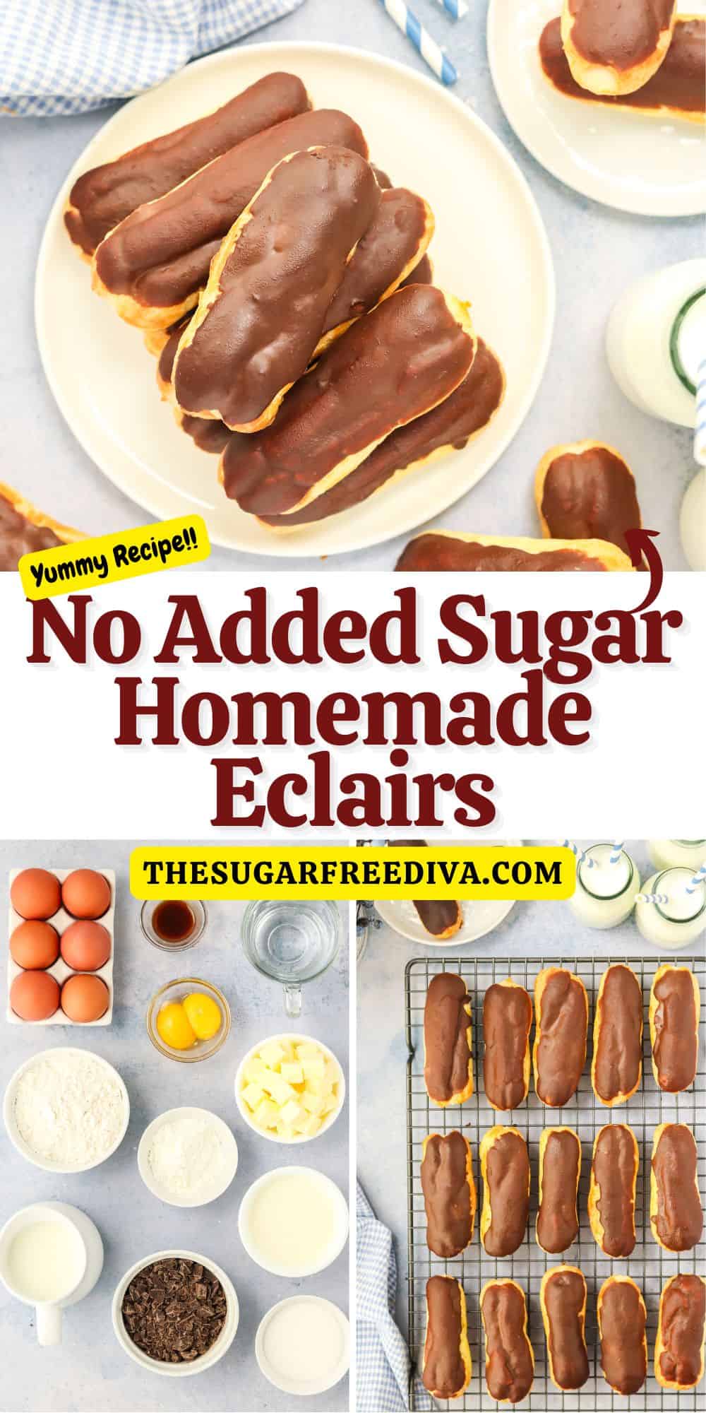 No Added Sugar Homemade Eclairs, a simple sugar free recipe featuring Choux Pastry filled with creamy vanilla filling & topped with ganache.