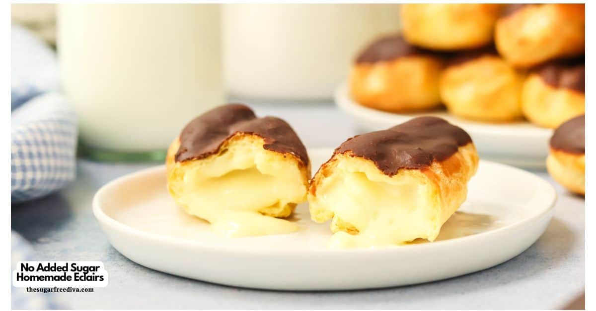 No Added Sugar Homemade Eclairs, a simple sugar free recipe featuring Choux Pastry filled with creamy vanilla filling & topped with ganache.