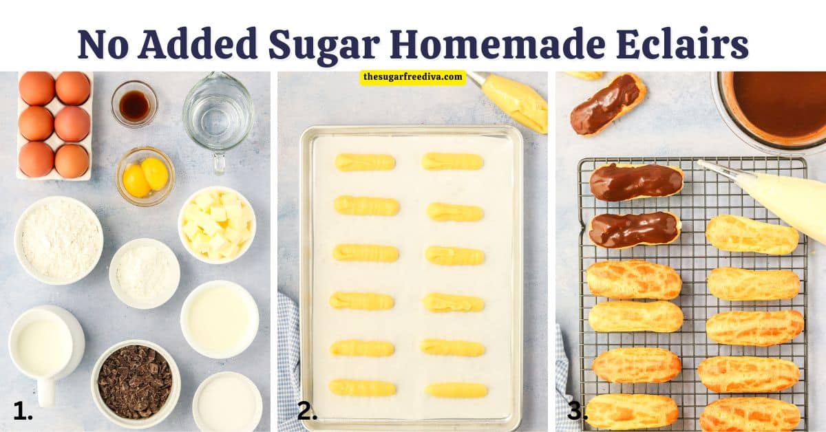 No Added Sugar Homemade Eclairs, a simple sugar free recipe featuring Choux Pastry filled with creamy vanilla filling & topped with ganache.