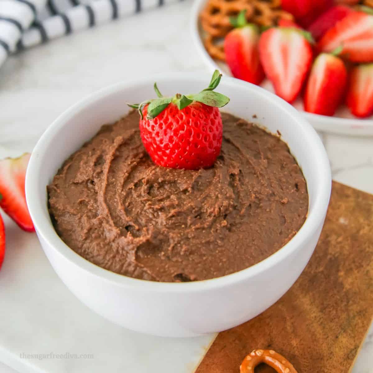 No Added Sugar Chocolate Hummus, a simple five ingredient dessert recipe made with healthier ingredients in about five minutes.