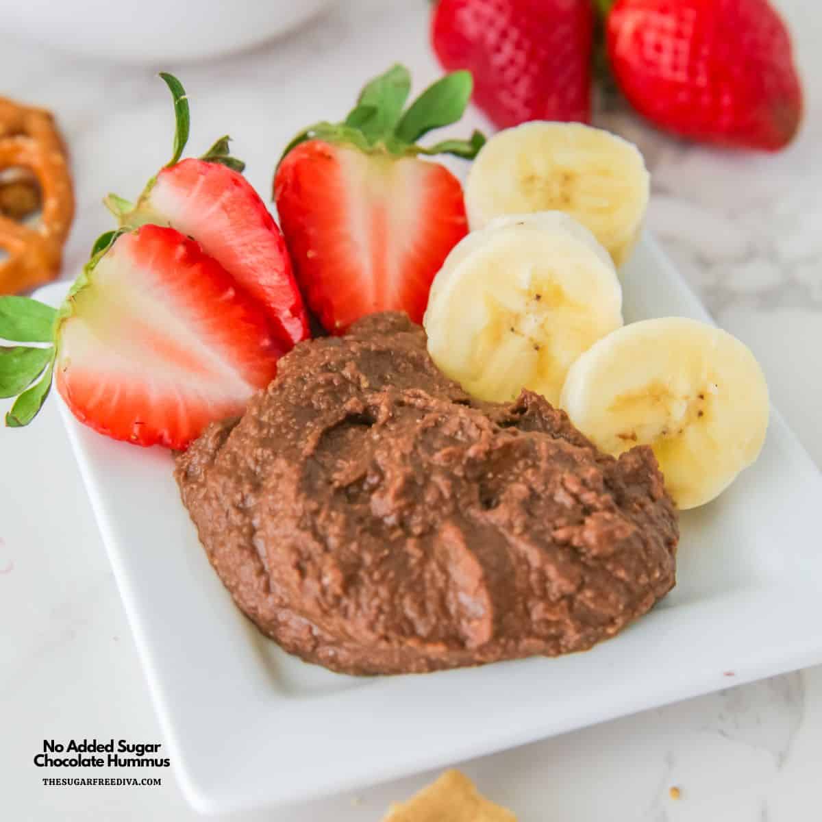 No Added Sugar Chocolate Hummus, a simple five ingredient dessert recipe made with healthier ingredients in about five minutes.