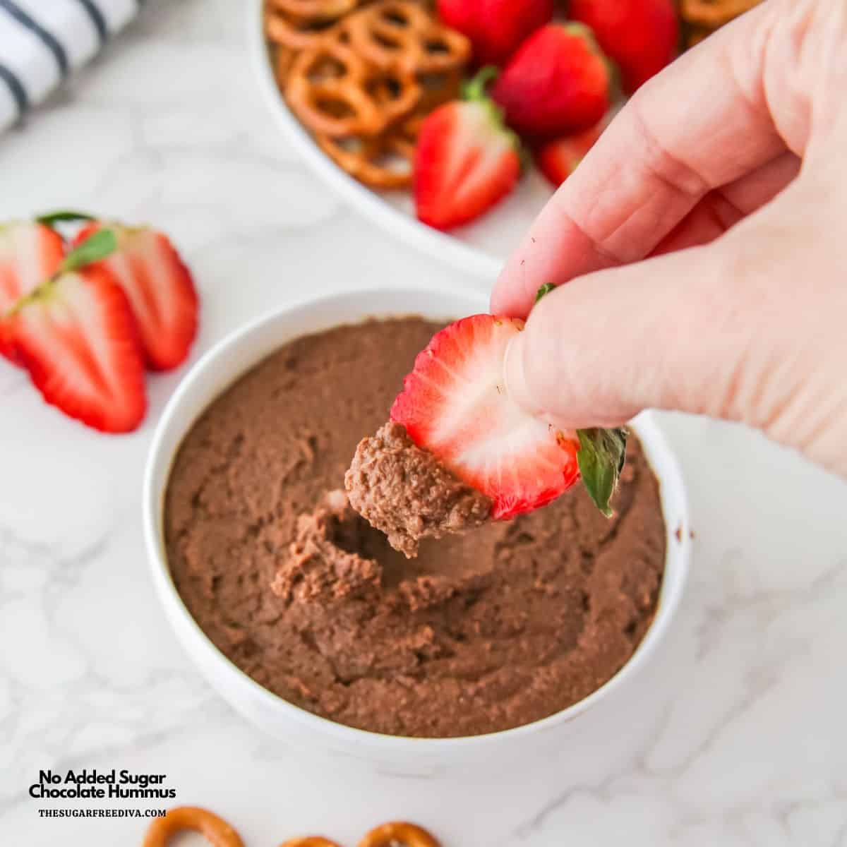 No Added Sugar Chocolate Hummus, a simple five ingredient dessert recipe made with healthier ingredients in about five minutes.