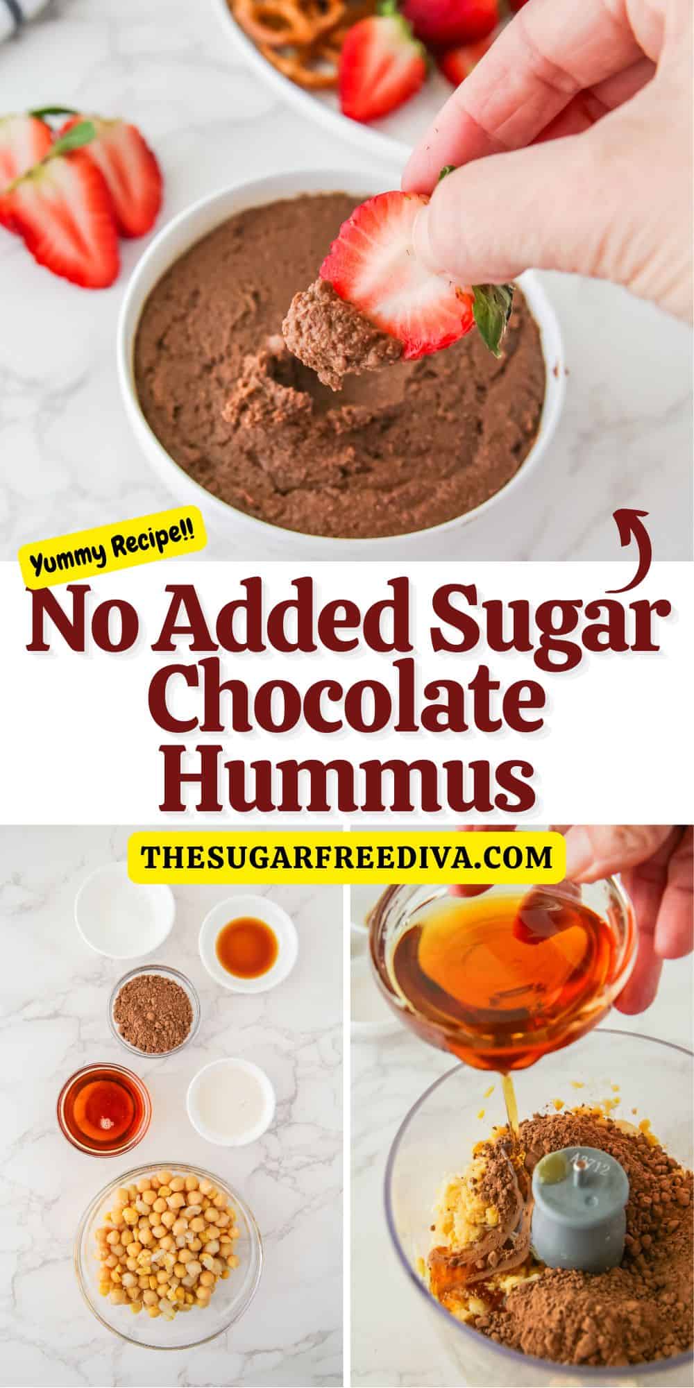 No Added Sugar Chocolate Hummus, a simple five ingredient dessert recipe made with healthier ingredients in about five minutes.