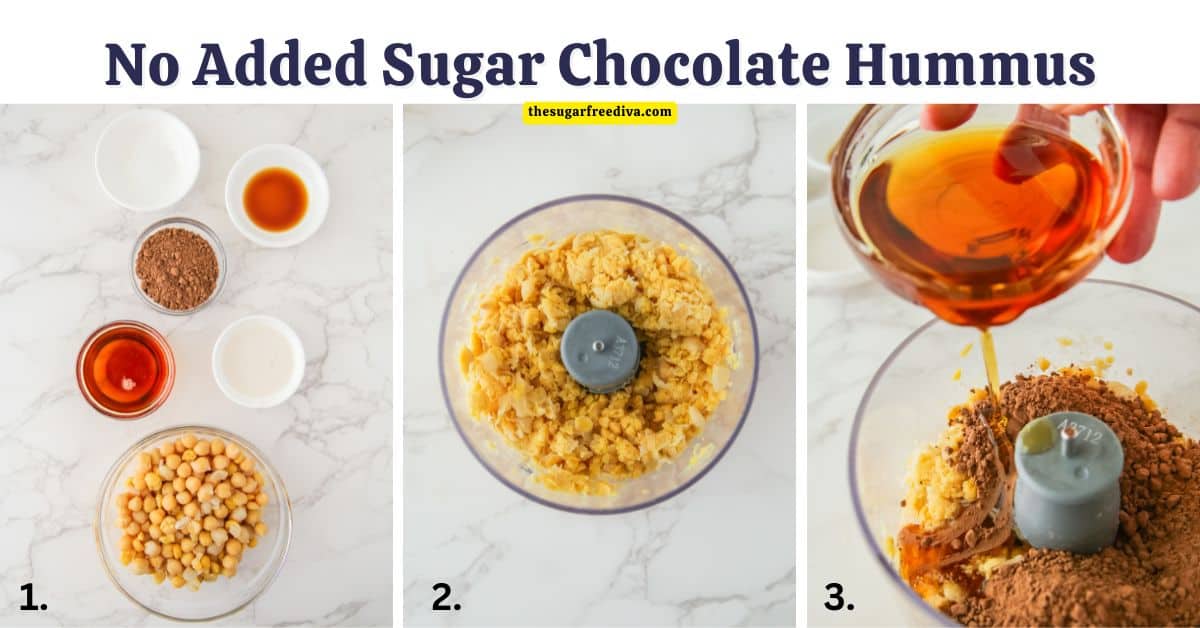 No Added Sugar Chocolate Hummus, a simple five ingredient dessert recipe made with healthier ingredients in about five minutes.