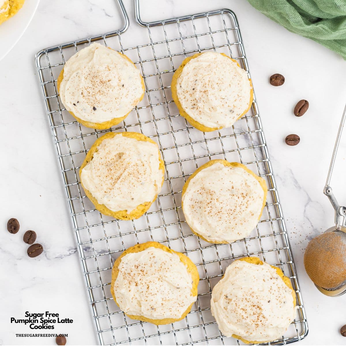 Sugar Free Pumpkin Spice Latte Cookies, a delicious no added sugar recipe featuring chewy soft cookies topped with espresso buttercream frosting.