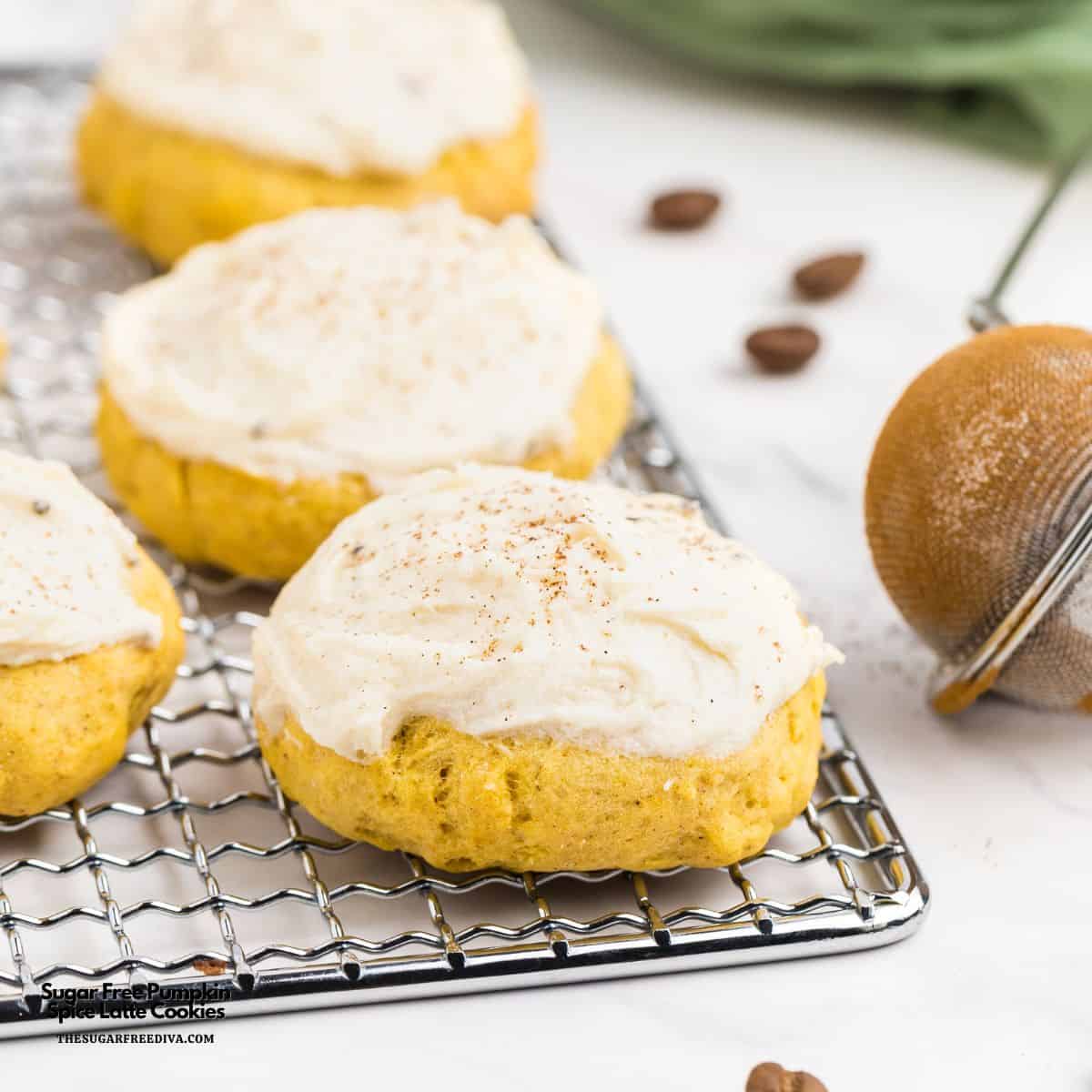 Sugar Free Pumpkin Spice Latte Cookies, a delicious no added sugar recipe featuring chewy soft cookies topped with espresso buttercream frosting.