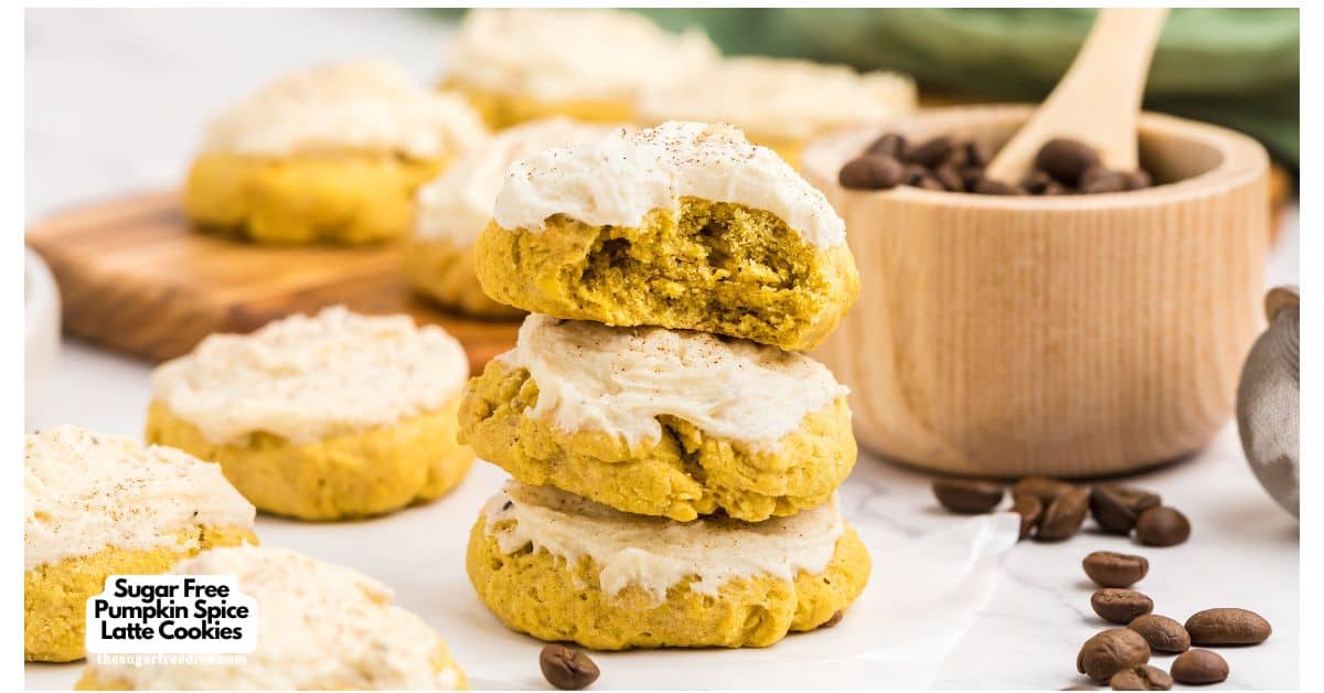 Sugar Free Pumpkin Spice Latte Cookies, a delicious no added sugar recipe featuring chewy soft cookies topped with espresso buttercream frosting.