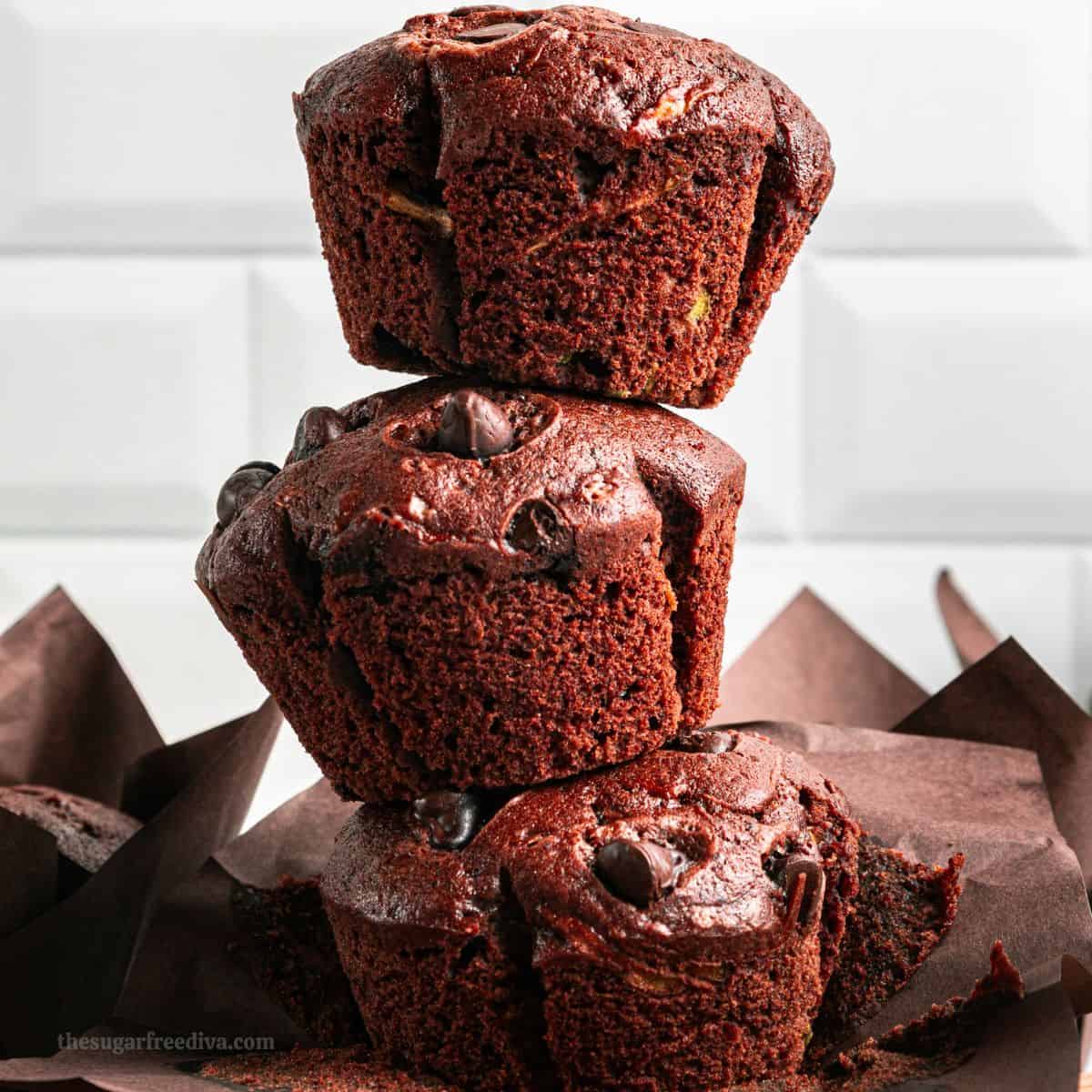 Sugar Free Chocolate Zucchini Muffins, a simple no added sugar recipe for double chocolate zucchini muffins made from scratch. 