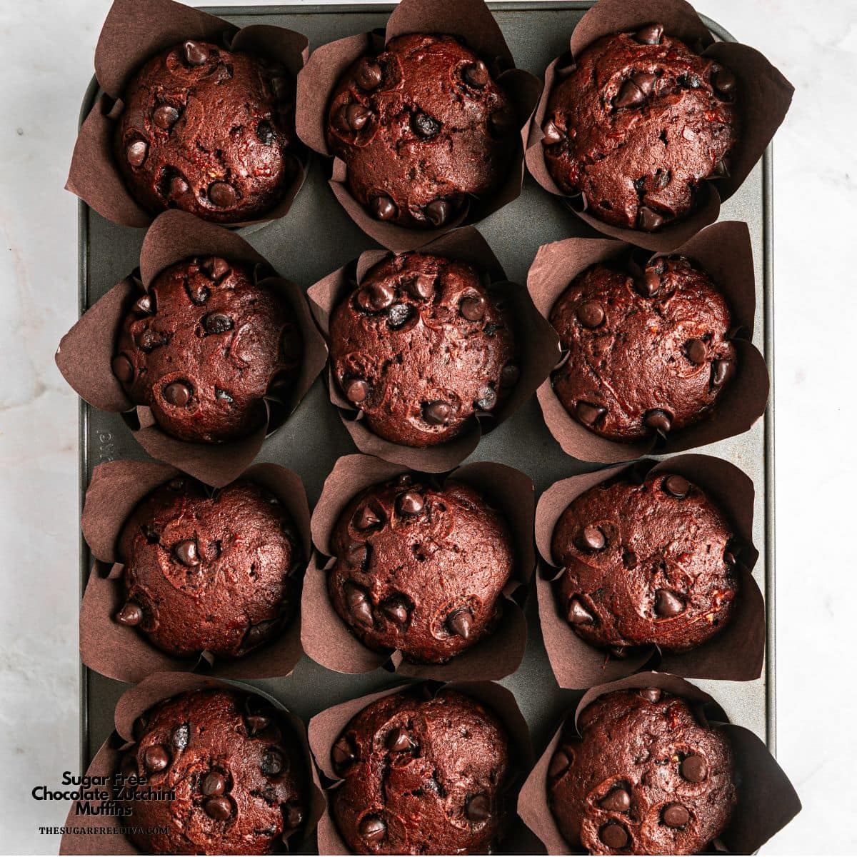Sugar Free Chocolate Zucchini Muffins, a simple no added sugar recipe for double chocolate zucchini muffins made from scratch. 