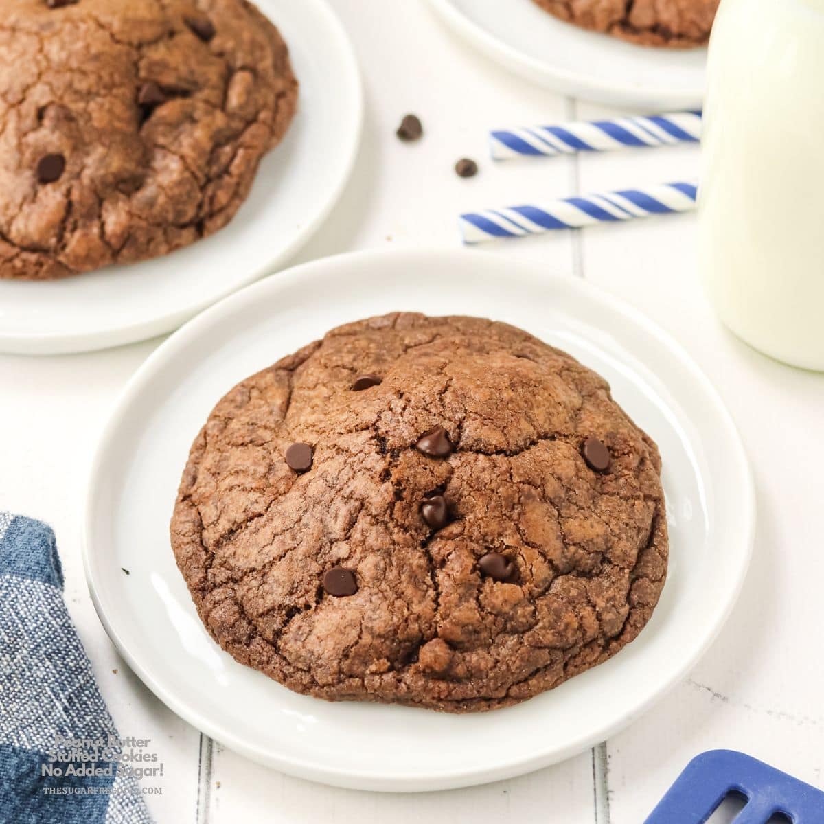Sugar Free Peanut Butter Stuffed Cookies, a delicious no added sugar dessert recipe for chocolate chip cookies stuffed with peanut butter.