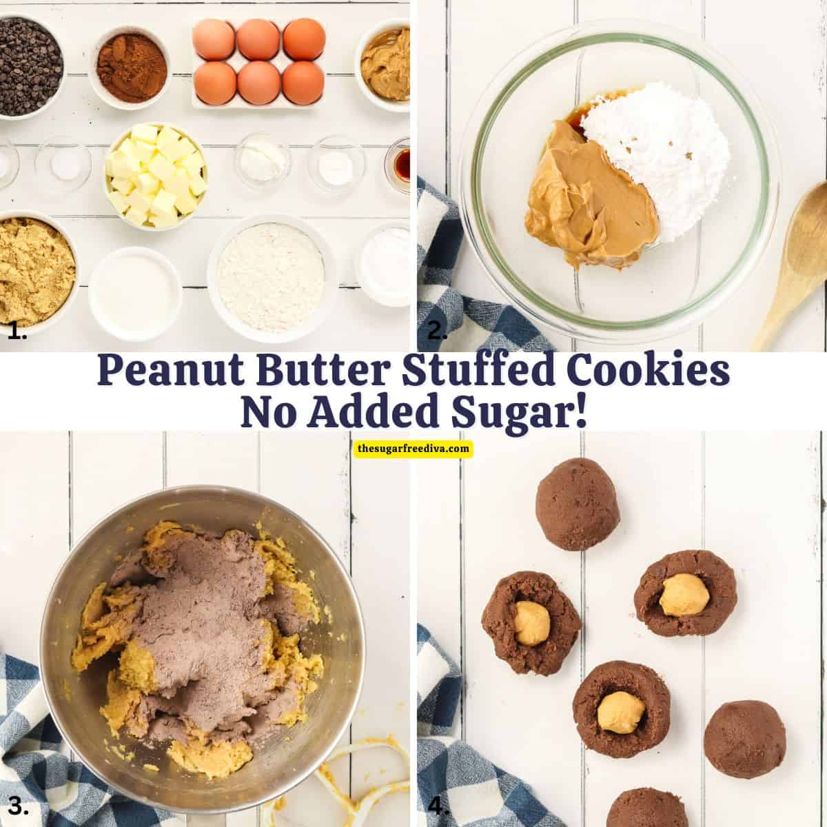 Sugar Free Peanut Butter Stuffed Cookies, a delicious no added sugar dessert recipe for chocolate chip cookies stuffed with peanut butter.