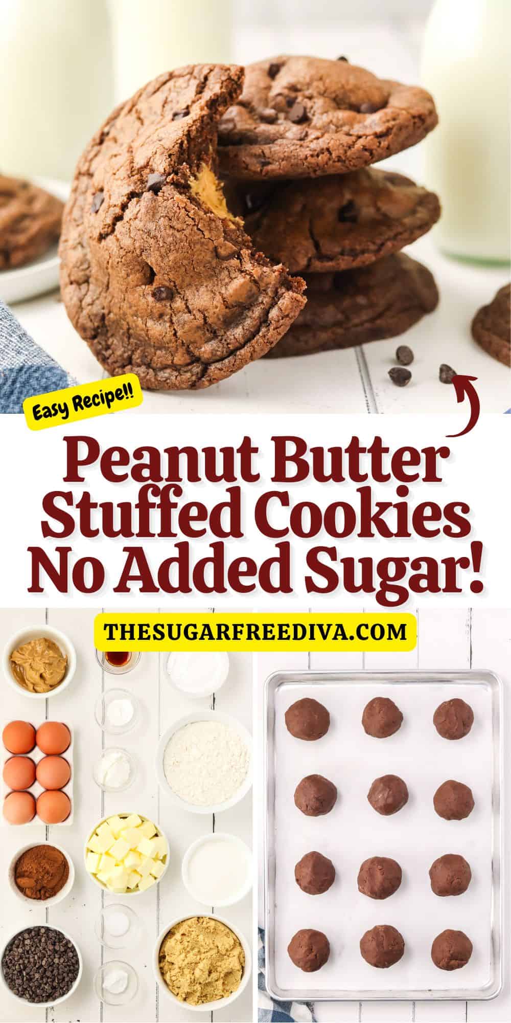 Sugar Free Peanut Butter Stuffed Cookies, a delicious no added sugar dessert recipe for chocolate chip cookies stuffed with peanut butter.