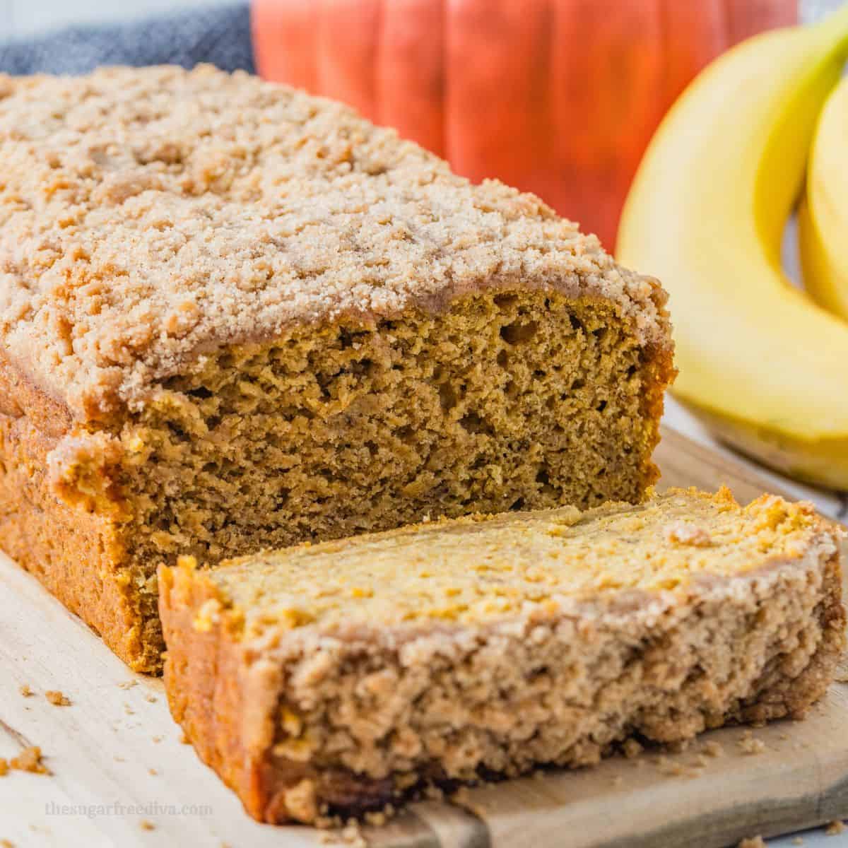 No Added Sugar Pumpkin Banana Bread , a moist and delicious quick bread recipe made with mashed bananas and  pumpkin puree. 