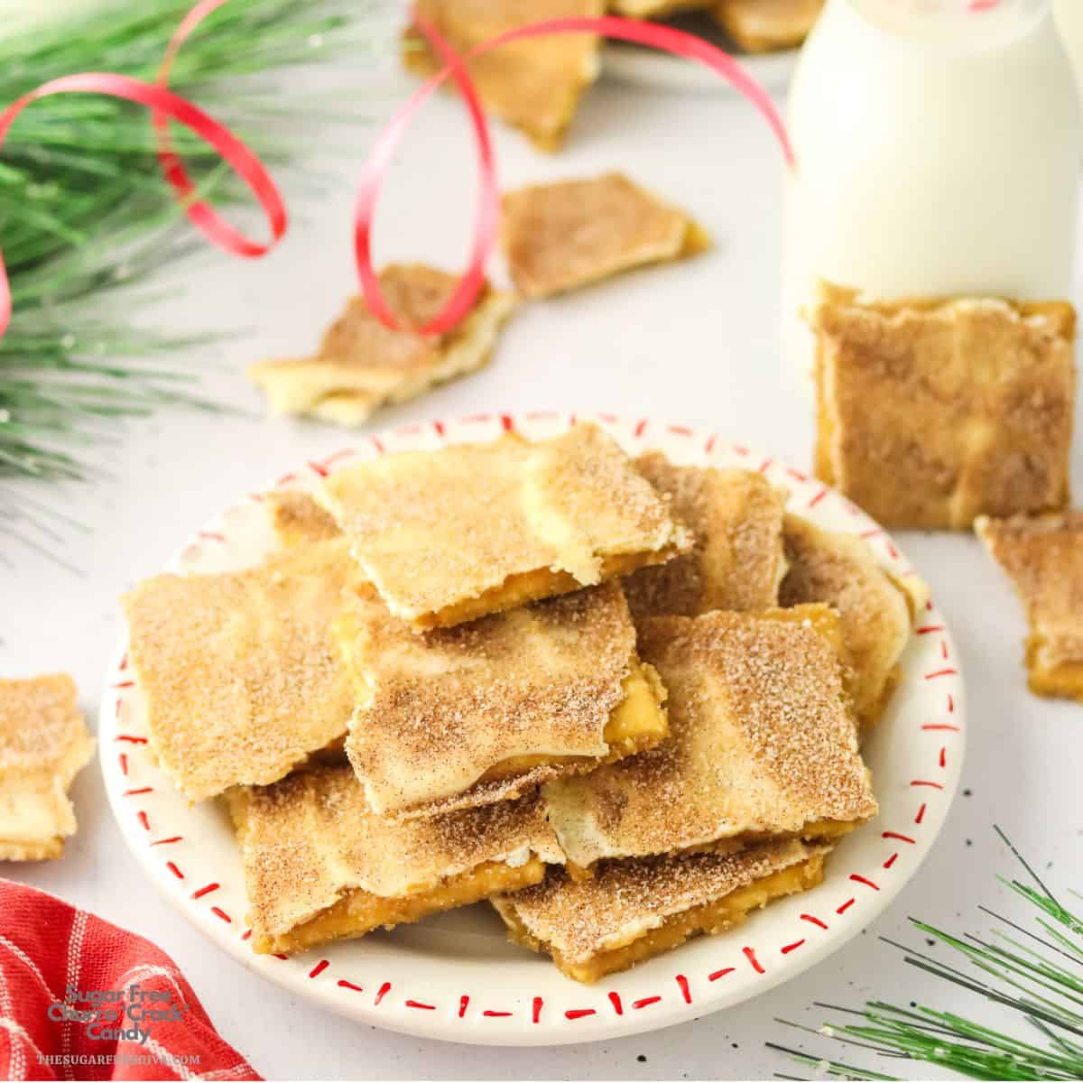 Sugar Free Churro ‘Crack’ Candy, a delicious snack recipe featuring saltine crackers coated with a layer of sweet cinnamon and vanilla chips. 