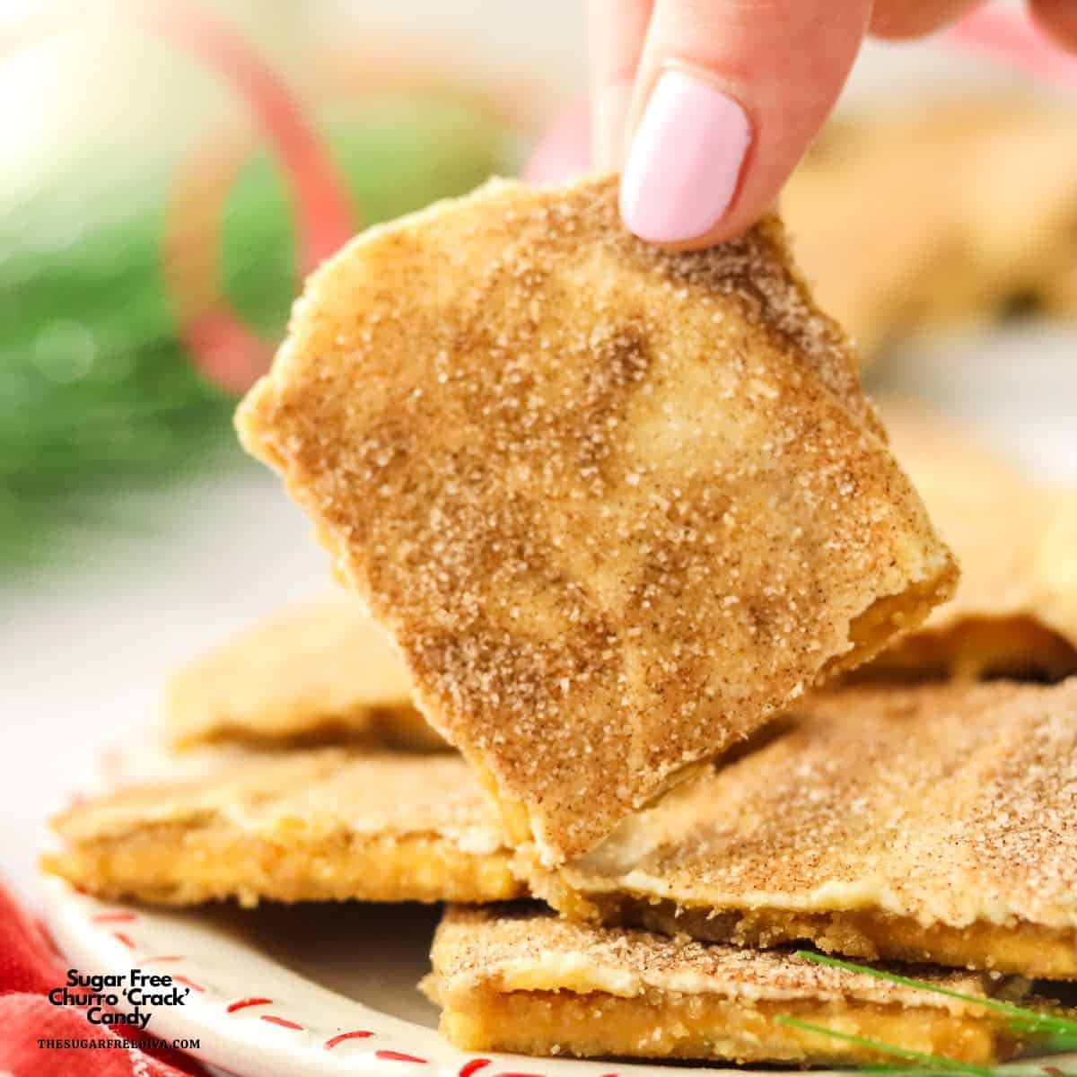 Sugar Free Churro ‘Crack’ Candy, a delicious snack recipe featuring saltine crackers coated with a layer of sweet cinnamon and vanilla chips. 
