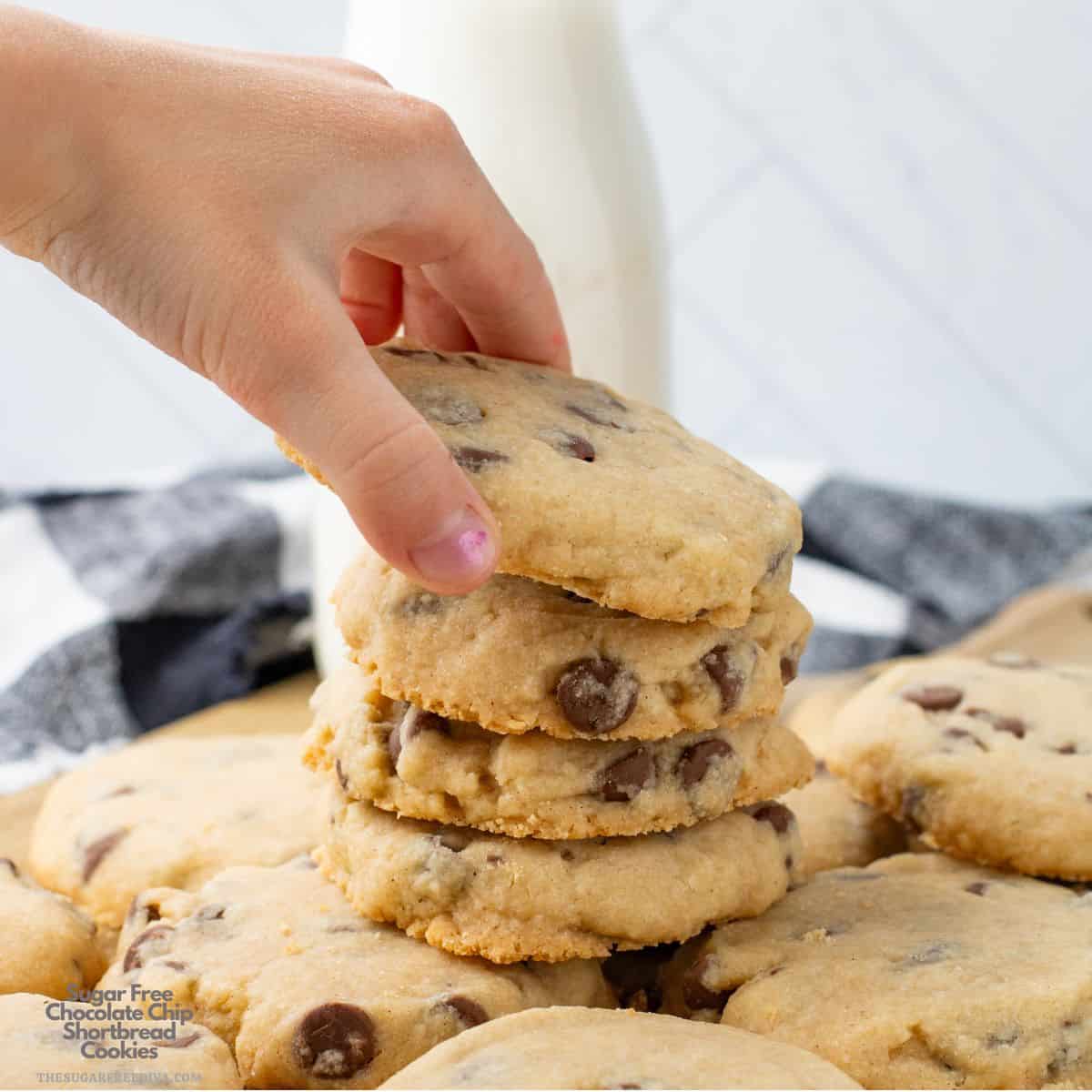 Sugar Free Chocolate Chip Shortbread Cookies, a simple no added sugar recipe for buttery cookies with decadent chocolate chips.