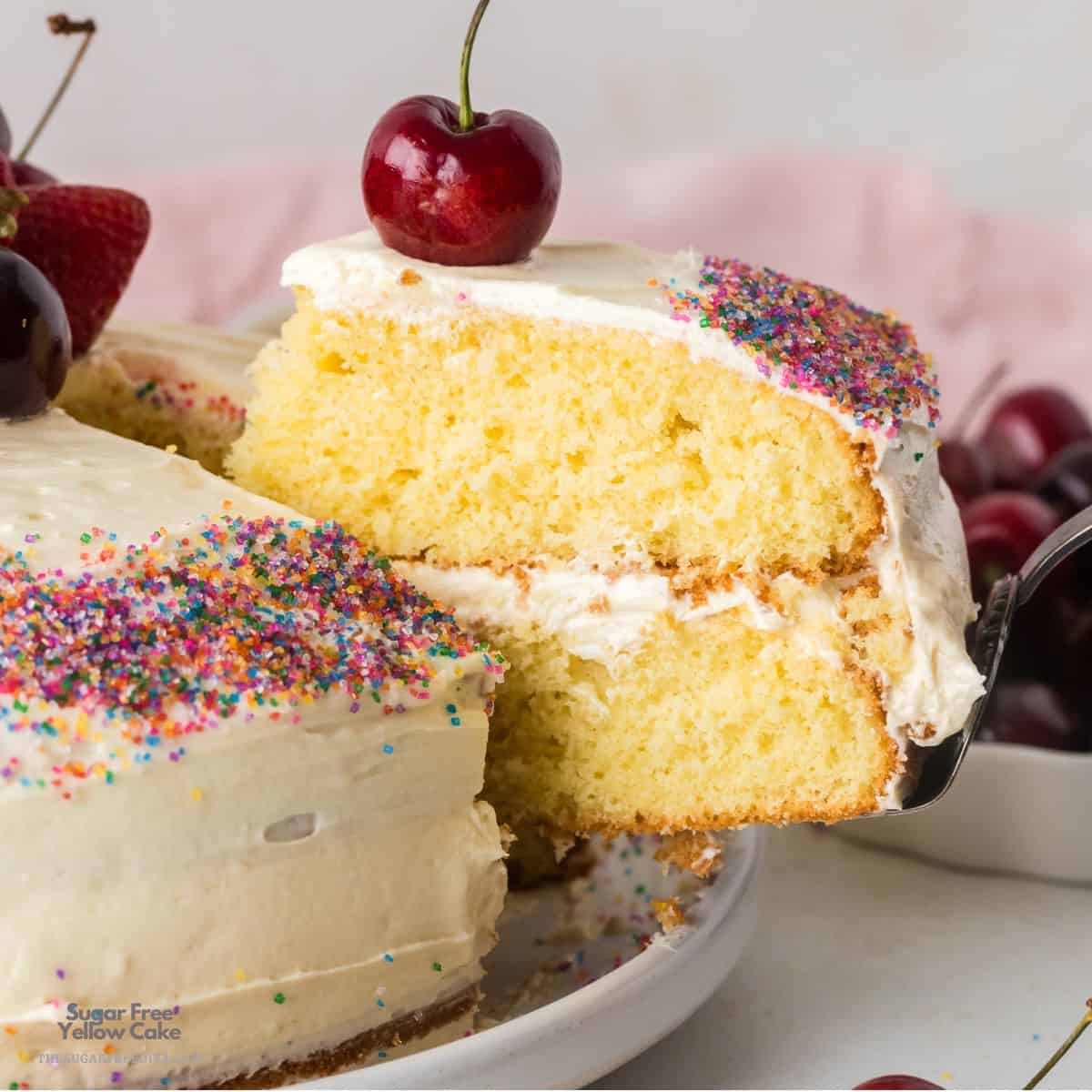 Sugar Free Yellow Cake, a classic dessert recipe for a moist and tender cake topped with Buttercream Frosting. No Added Sugar Recipe. Discover the secret to the perfect moist yellow cake. This easy no added sugar from-scratch recipe features a tender crumb and rich buttery flavor—the ultimate birthday classic!