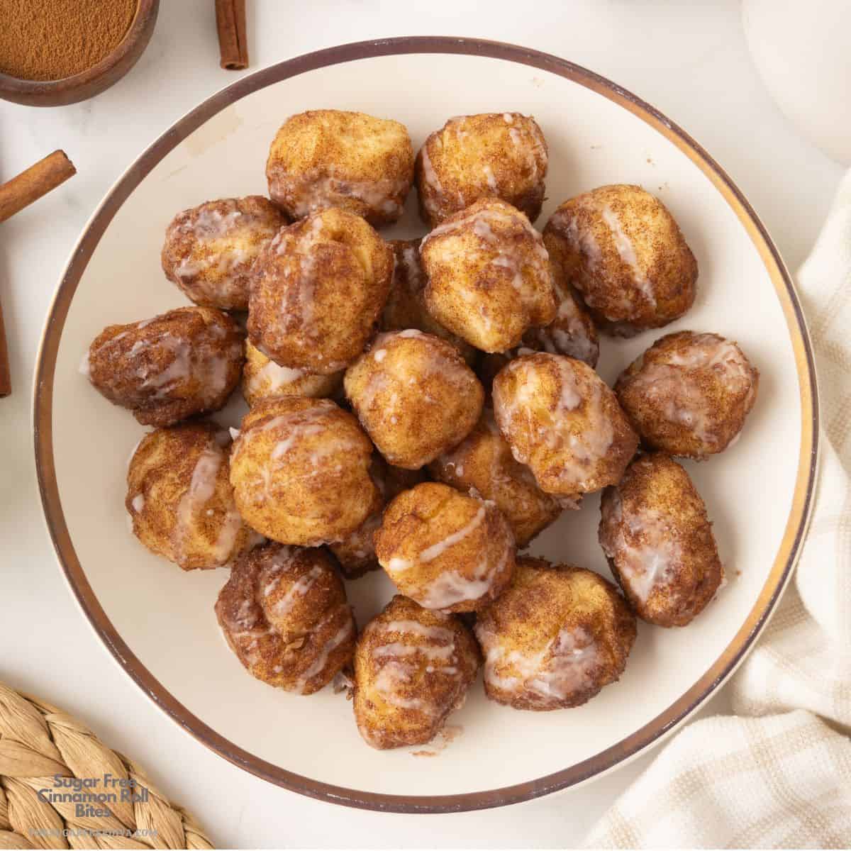 Sugar Free Cinnamon Roll Bites, an easy no added sugar recipe made from scratch featuring fluffy bites of dough coated with glaze. Sugar Free Cinnamon Roll Bites, an easy no added sugar recipe made from scratch featuring fluffy bites of dough coated with glaze.